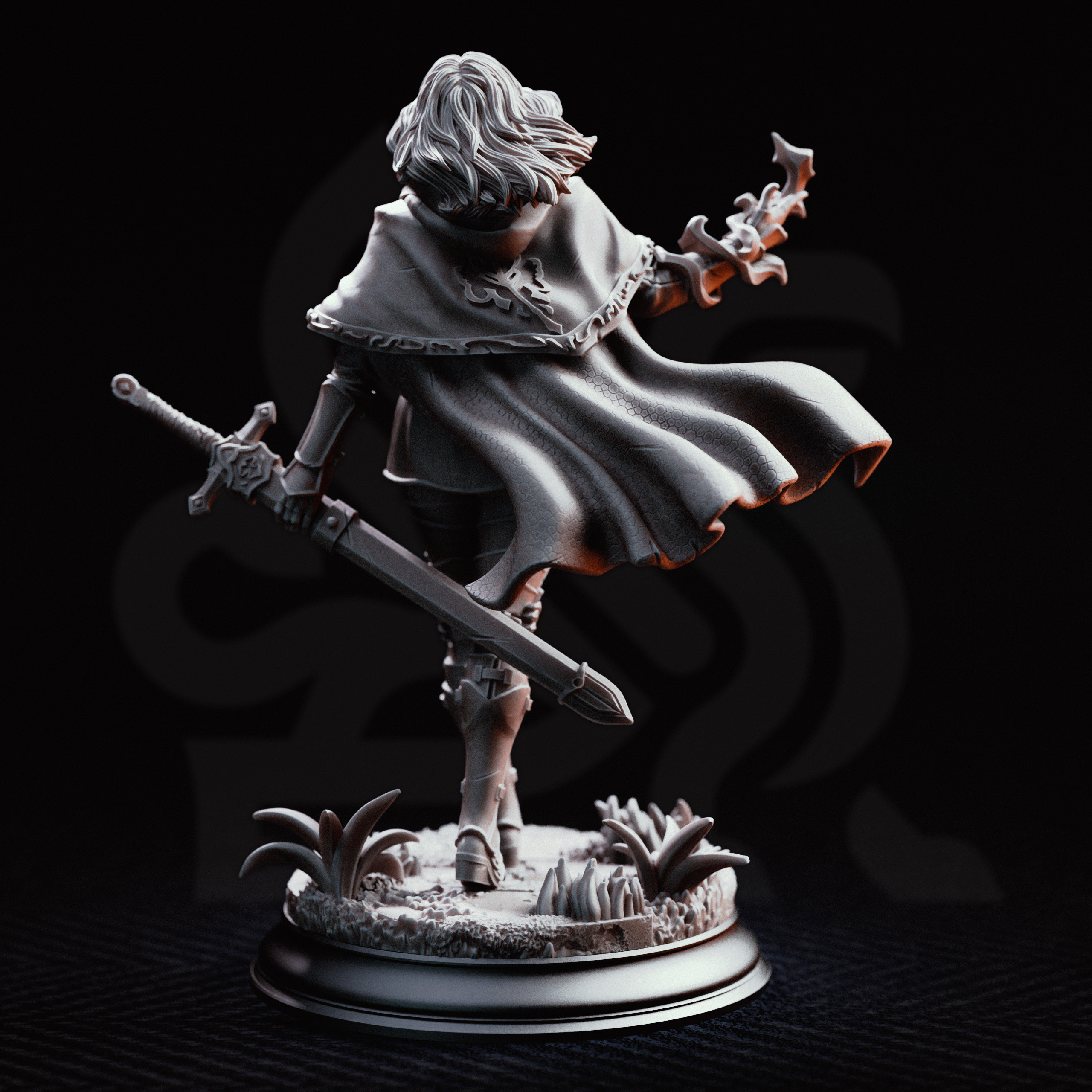 Unpainted resin miniature of Erina of Amarth, a human fighter/hex hunter/paladin, on a round base — view 3 of 4