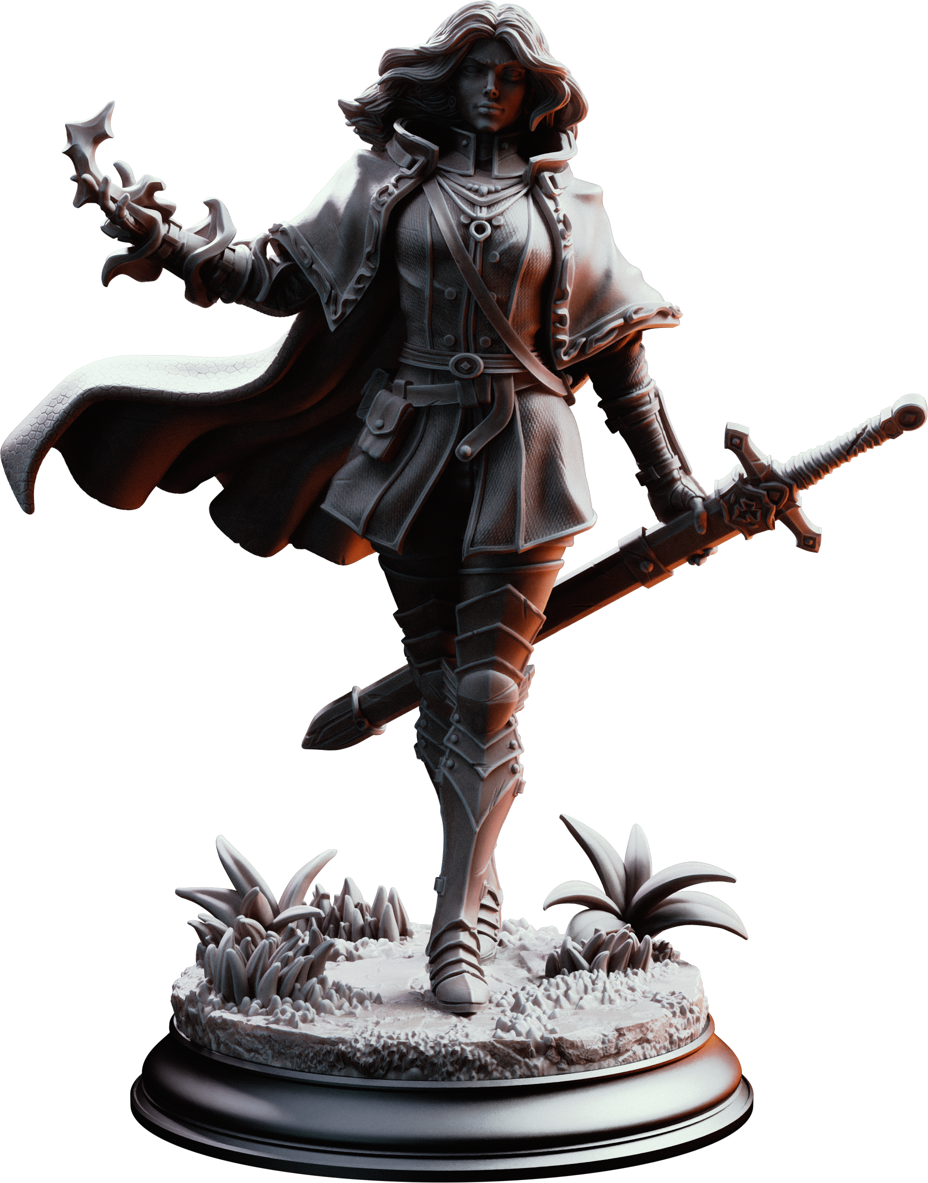 Unpainted resin miniature of Erina of Amarth, a human fighter/hex hunter/paladin, on a round base — view 4 of 4