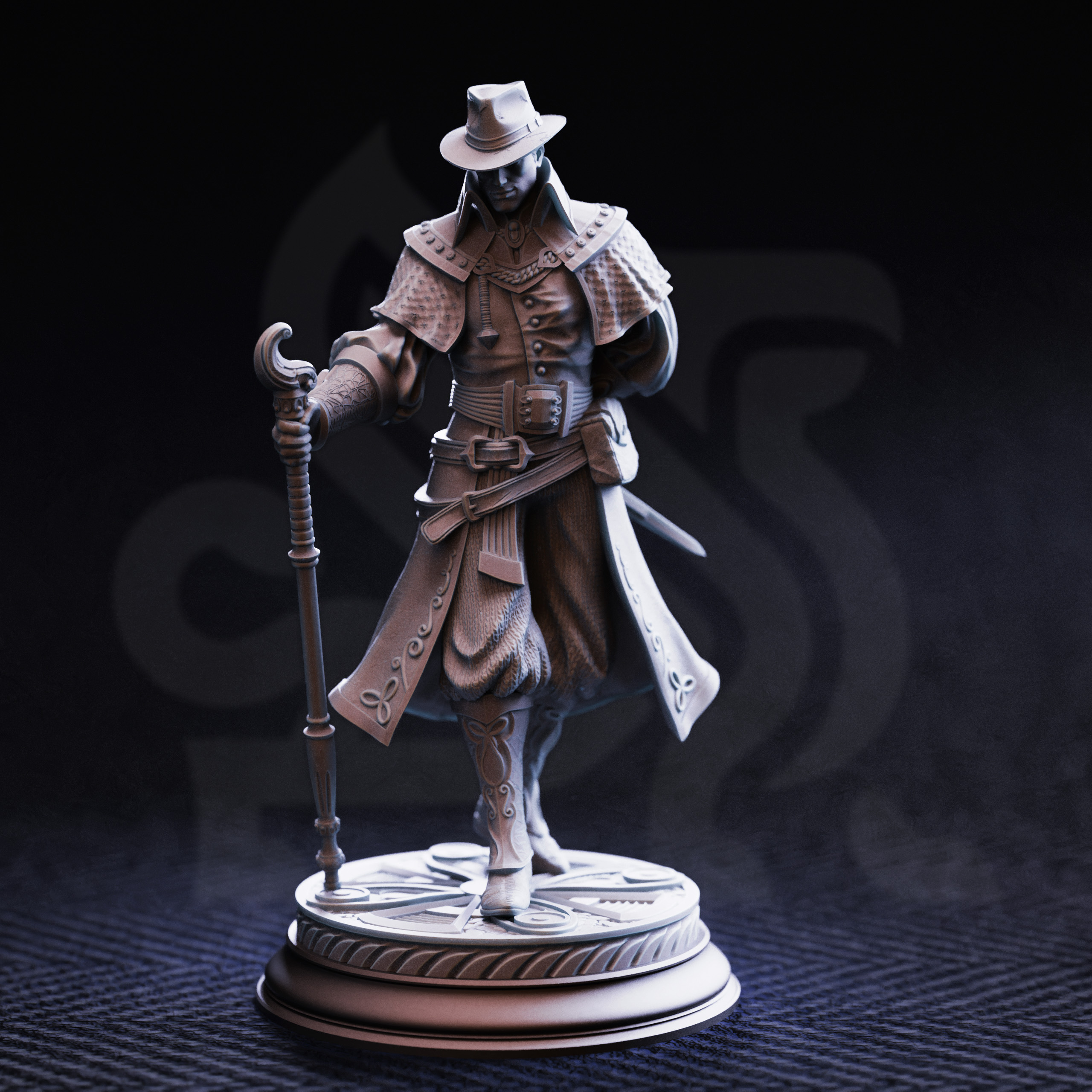 Unpainted resin miniature of Ernest “Flip, a human rogue/sorcerer/warlock, on a round base