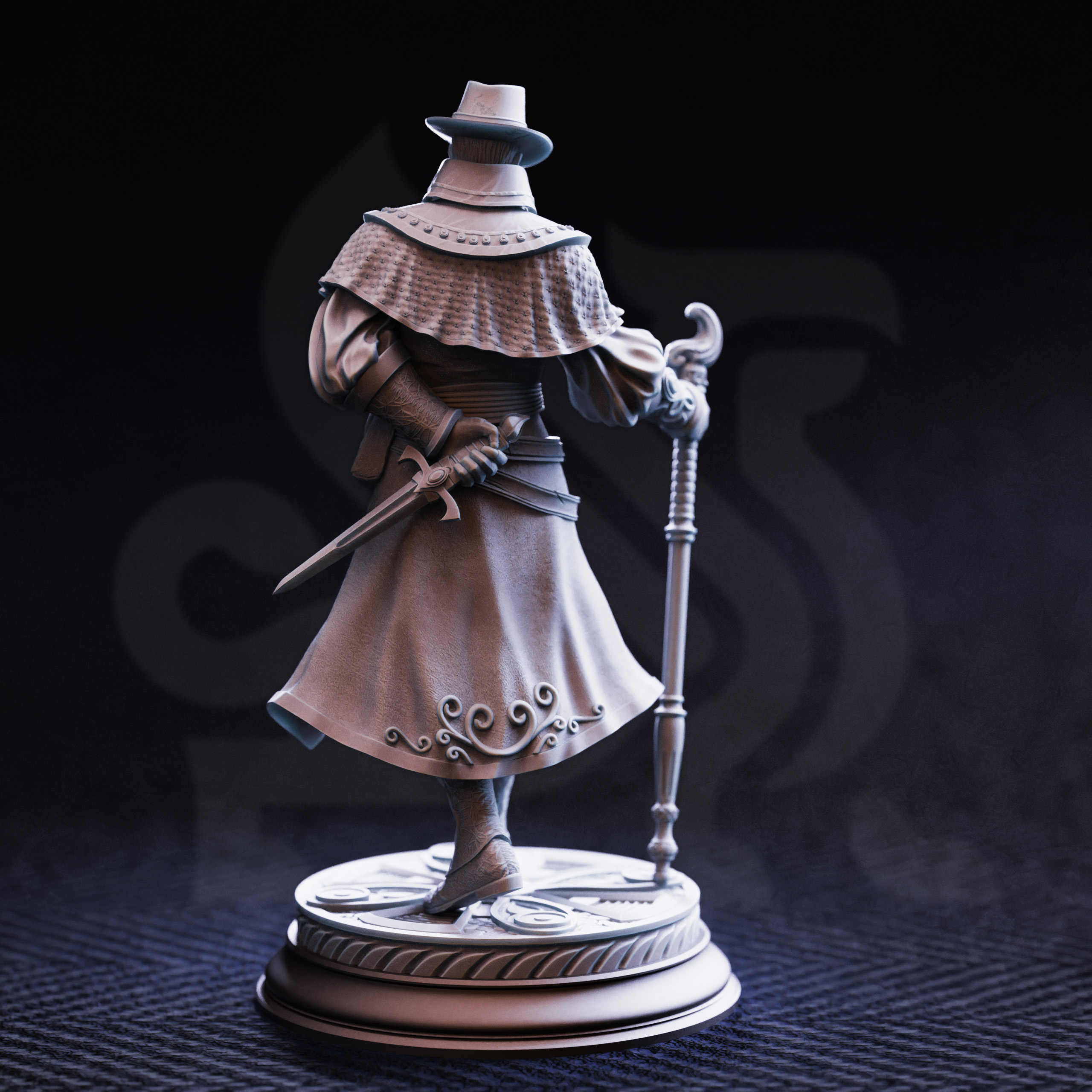 Unpainted resin miniature of Ernest “Flip, a human rogue/sorcerer/warlock, on a round base — view 2 of 4