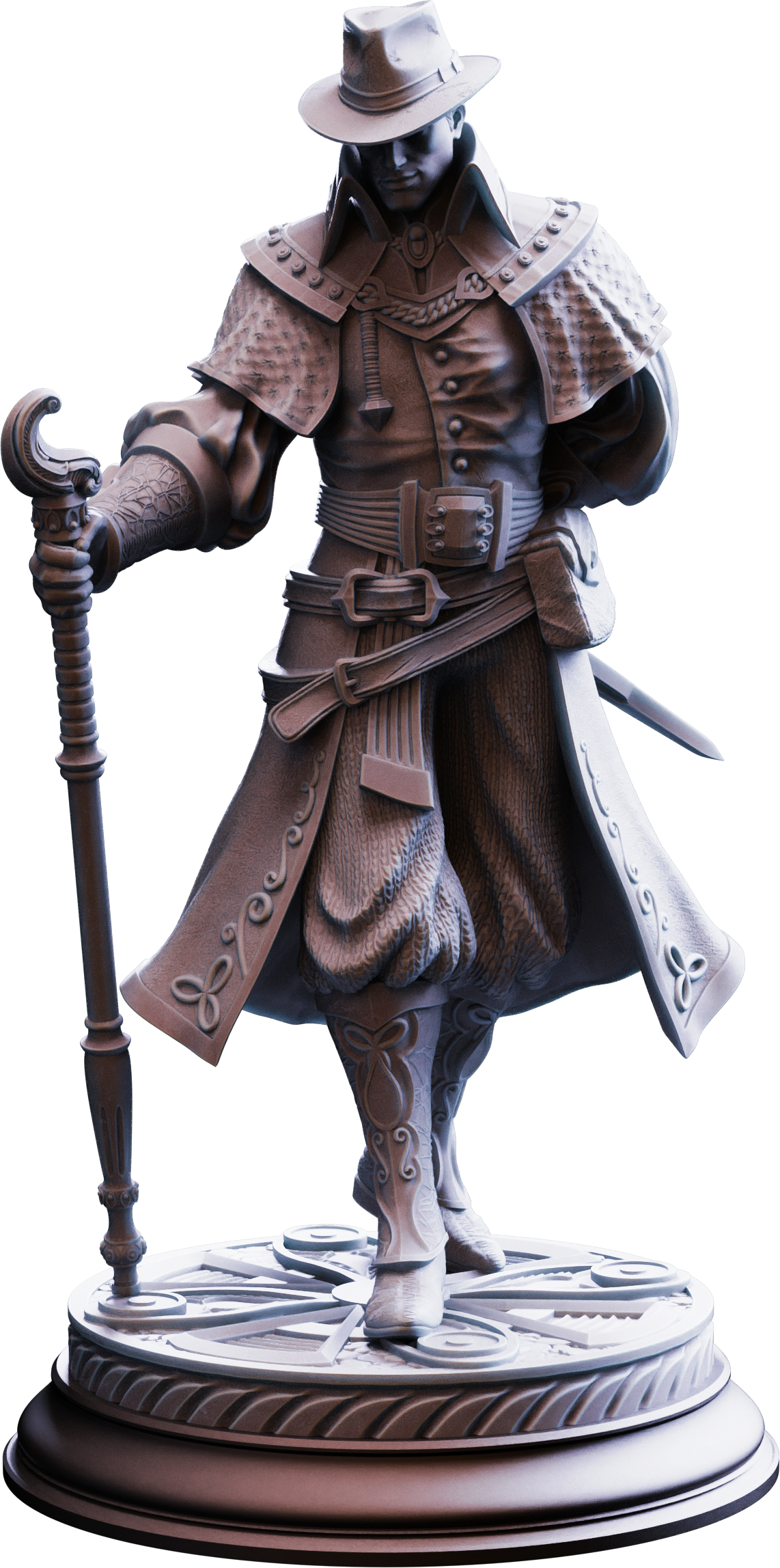 Unpainted resin miniature of Ernest “Flip, a human rogue/sorcerer/warlock, on a round base — view 4 of 4