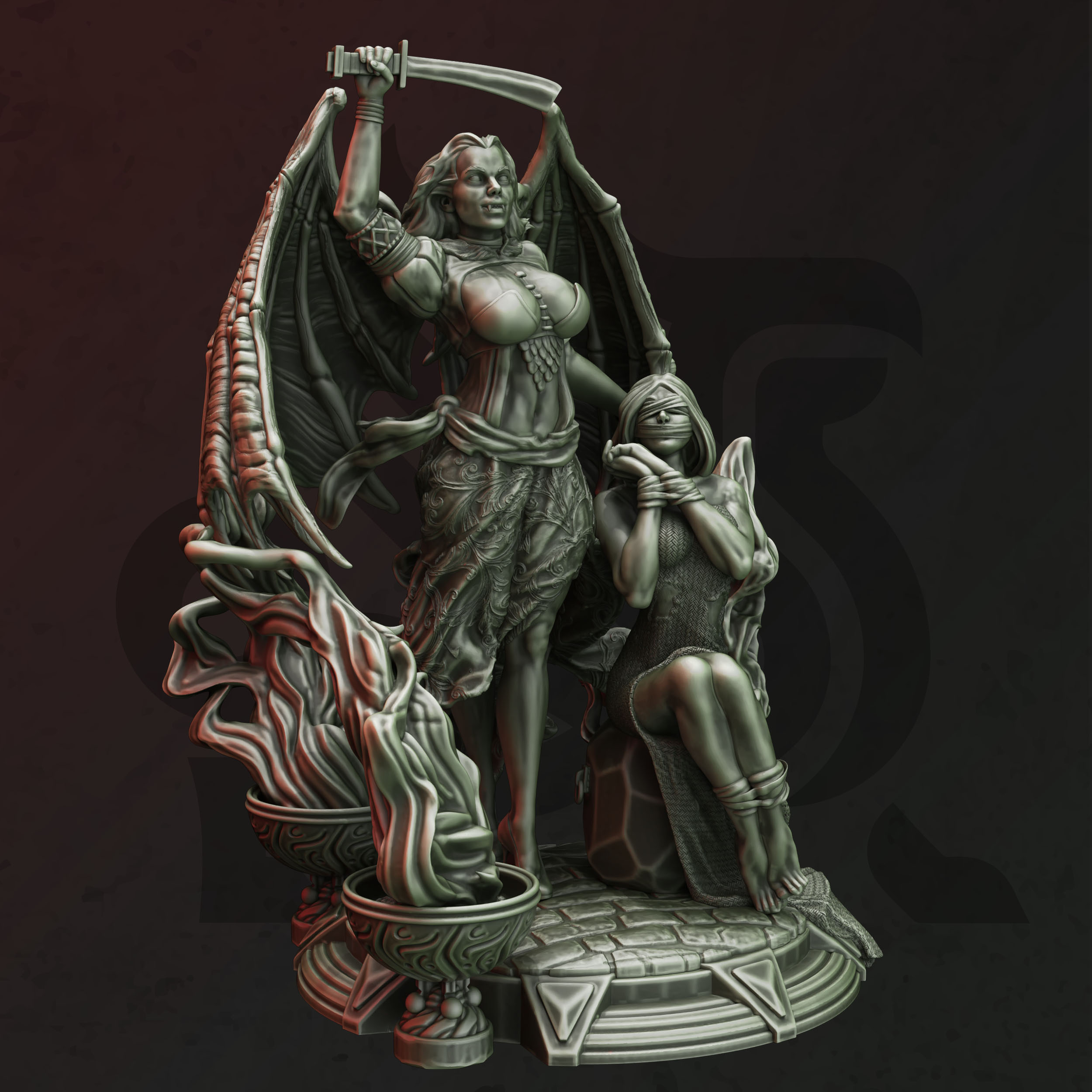Unpainted resin miniature of Erys, a vampire rogue/sorcerer, on a round base
