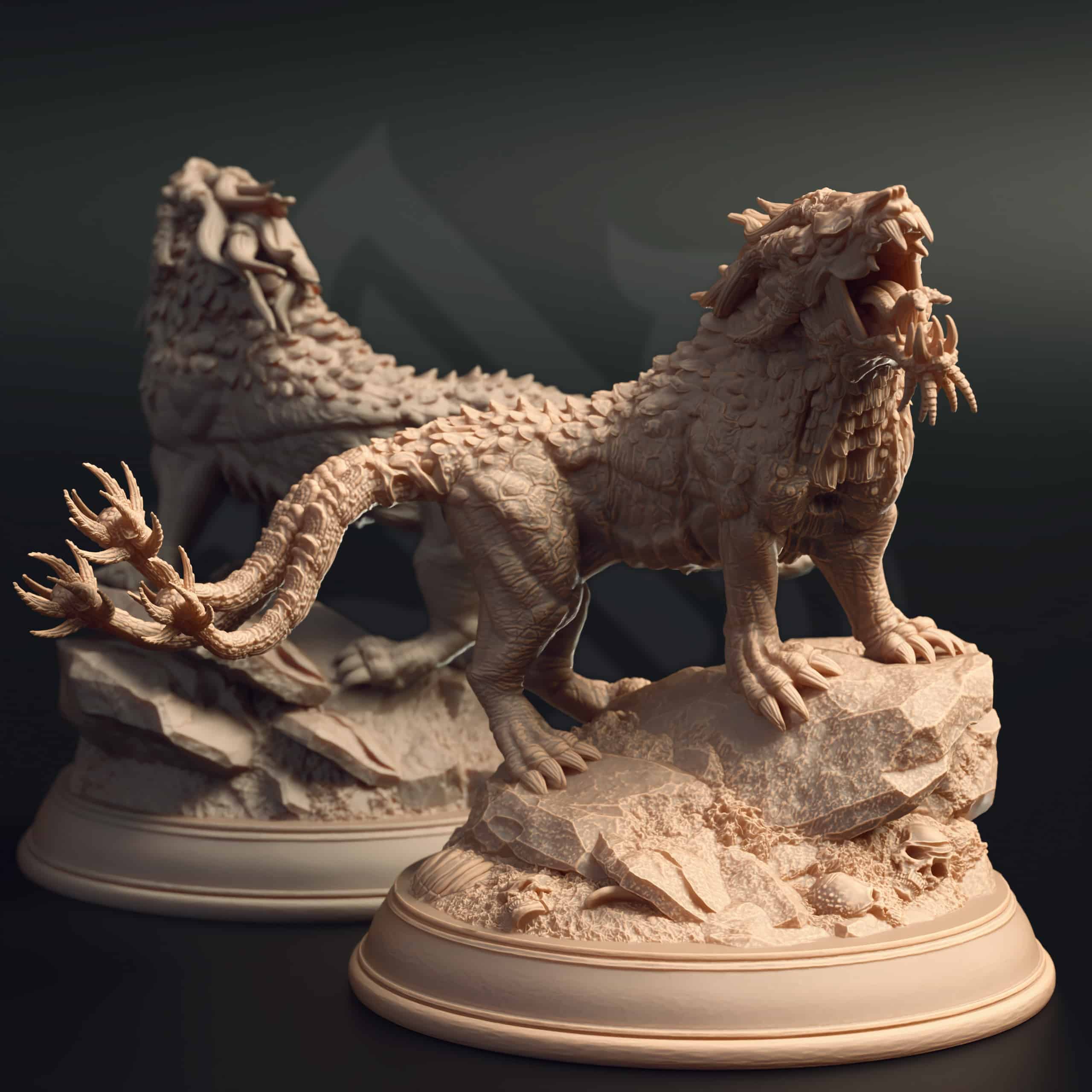 Unpainted resin miniature of Estranith, a monstrosity, on a round base