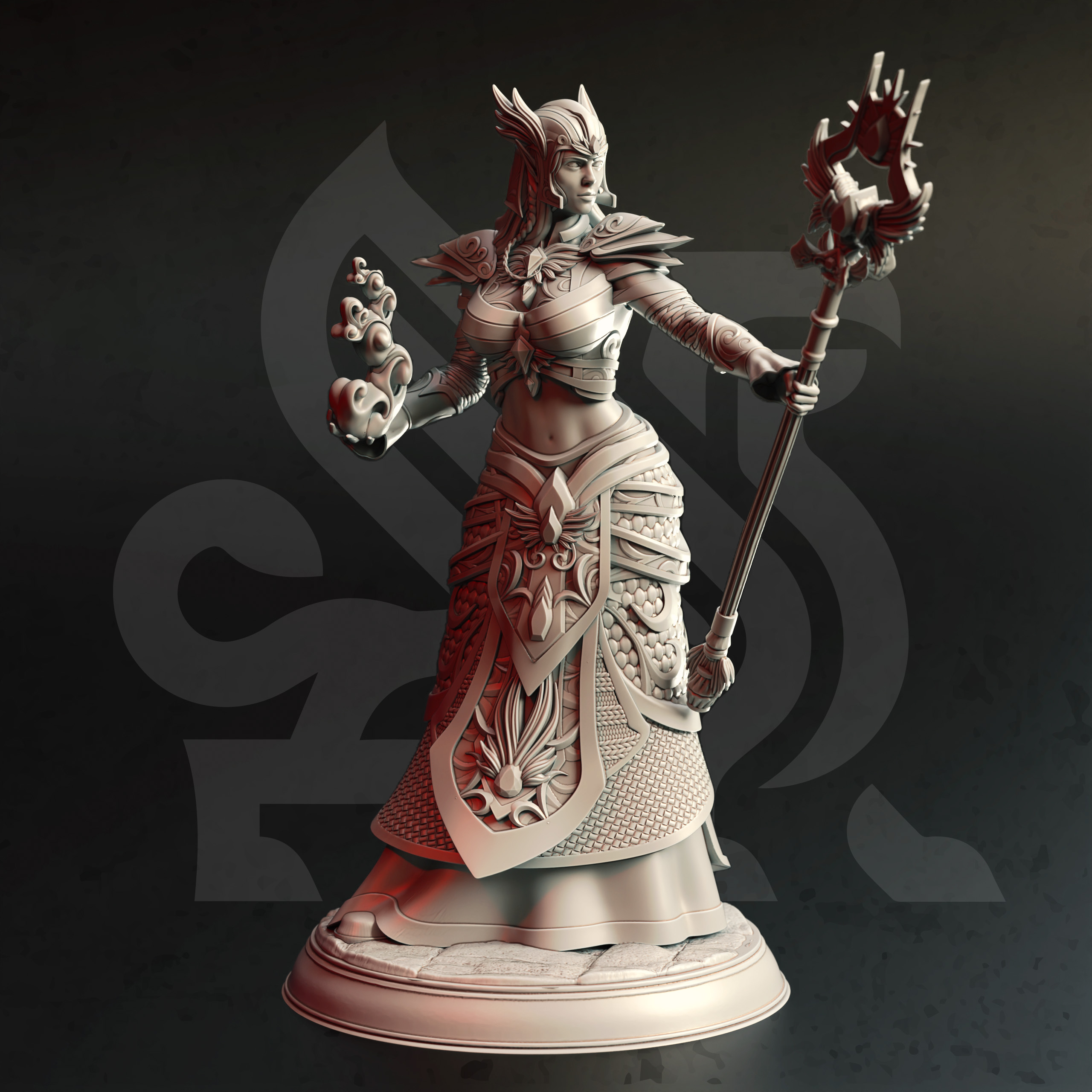Unpainted resin miniature of Ferendir Miar, an elf sorcerer/wizard, on a round base