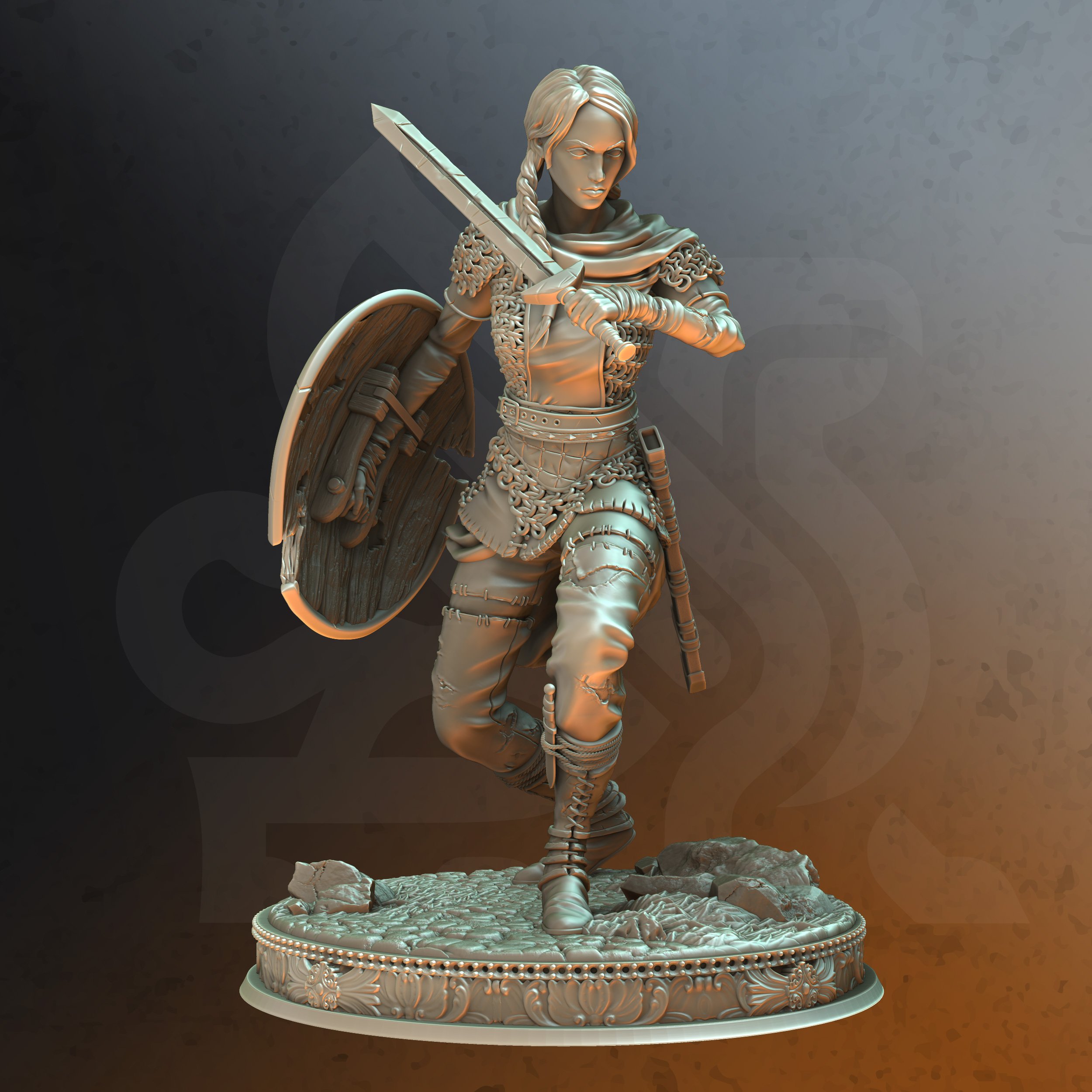 Unpainted resin miniature of Freya The Fearless, a human fighter, on a round base