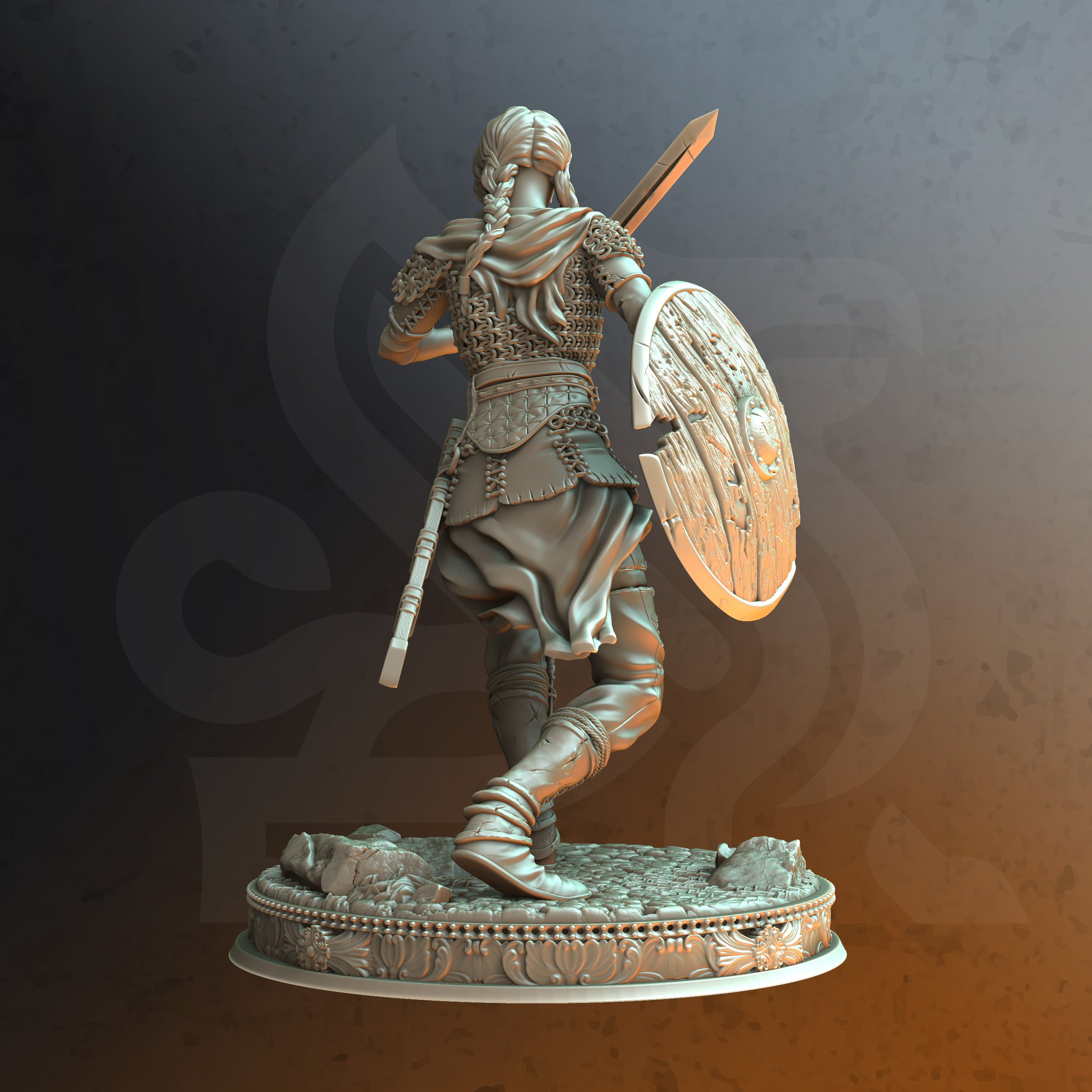 Unpainted resin miniature of Freya The Fearless, a human fighter, on a round base — view 2 of 2