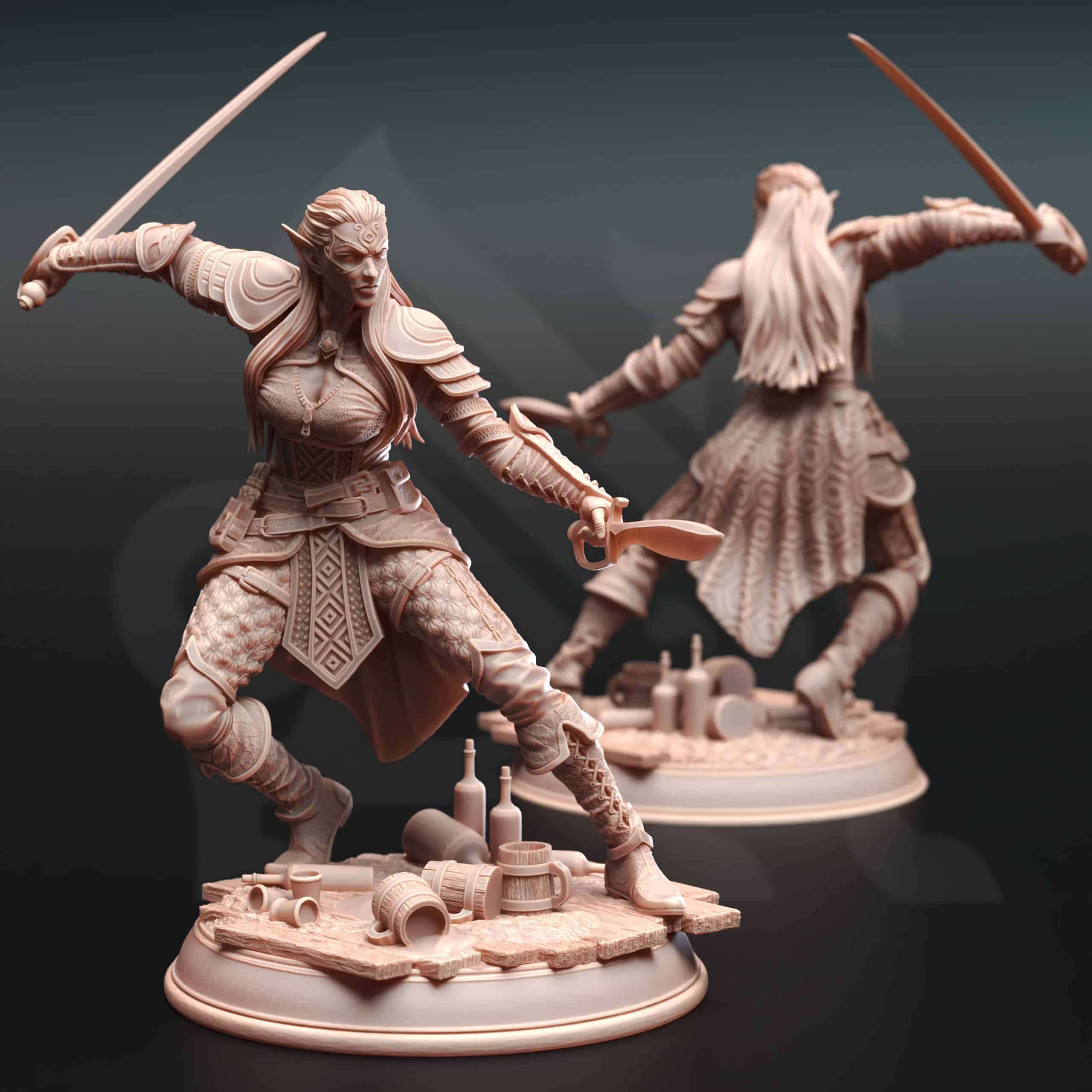 Unpainted resin miniature of Hali Brookes, an elemi/elf fighter/rogue, on a round base