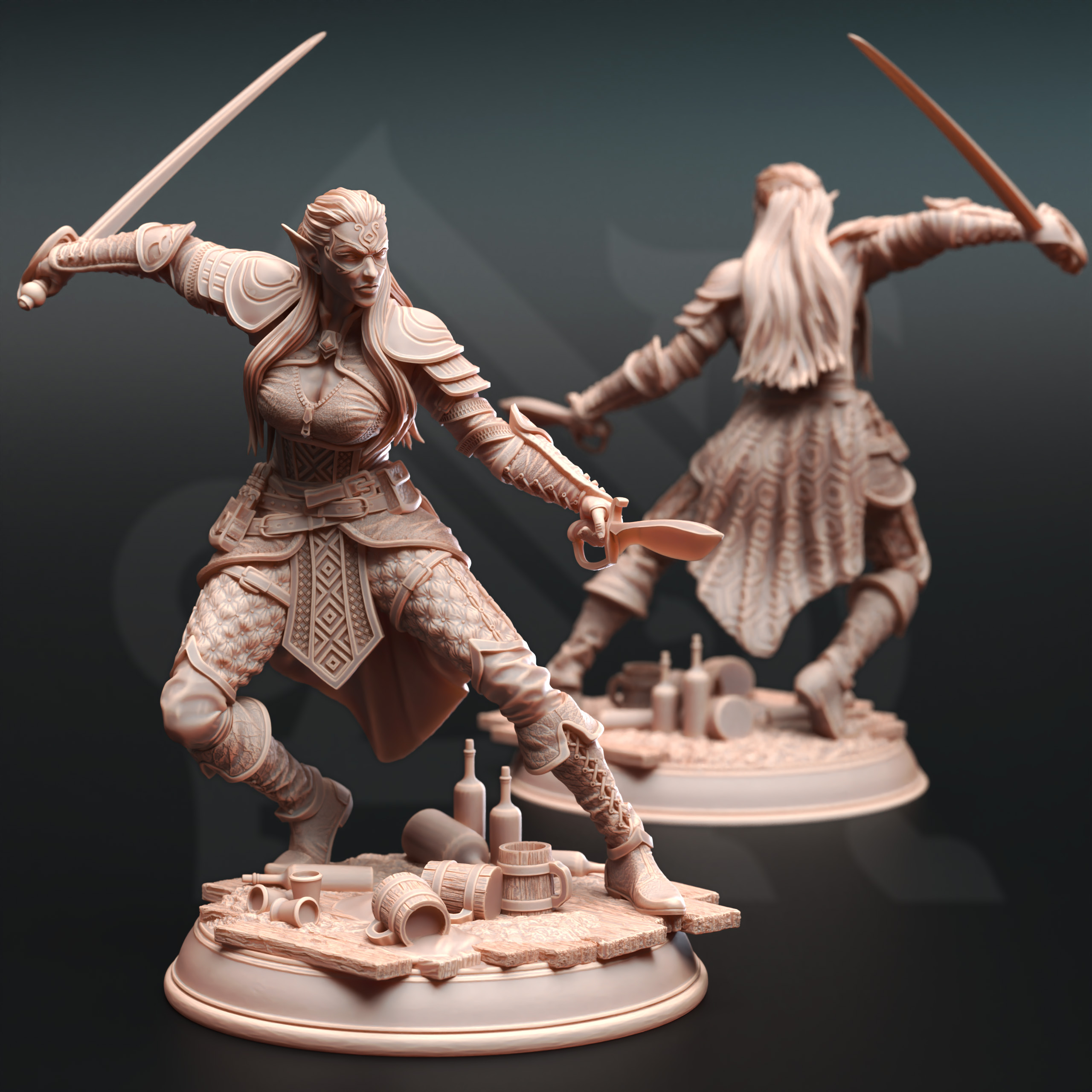 Unpainted resin miniature of Hali Brookes, an elemi/elf fighter/rogue, on a round base — view 2 of 4