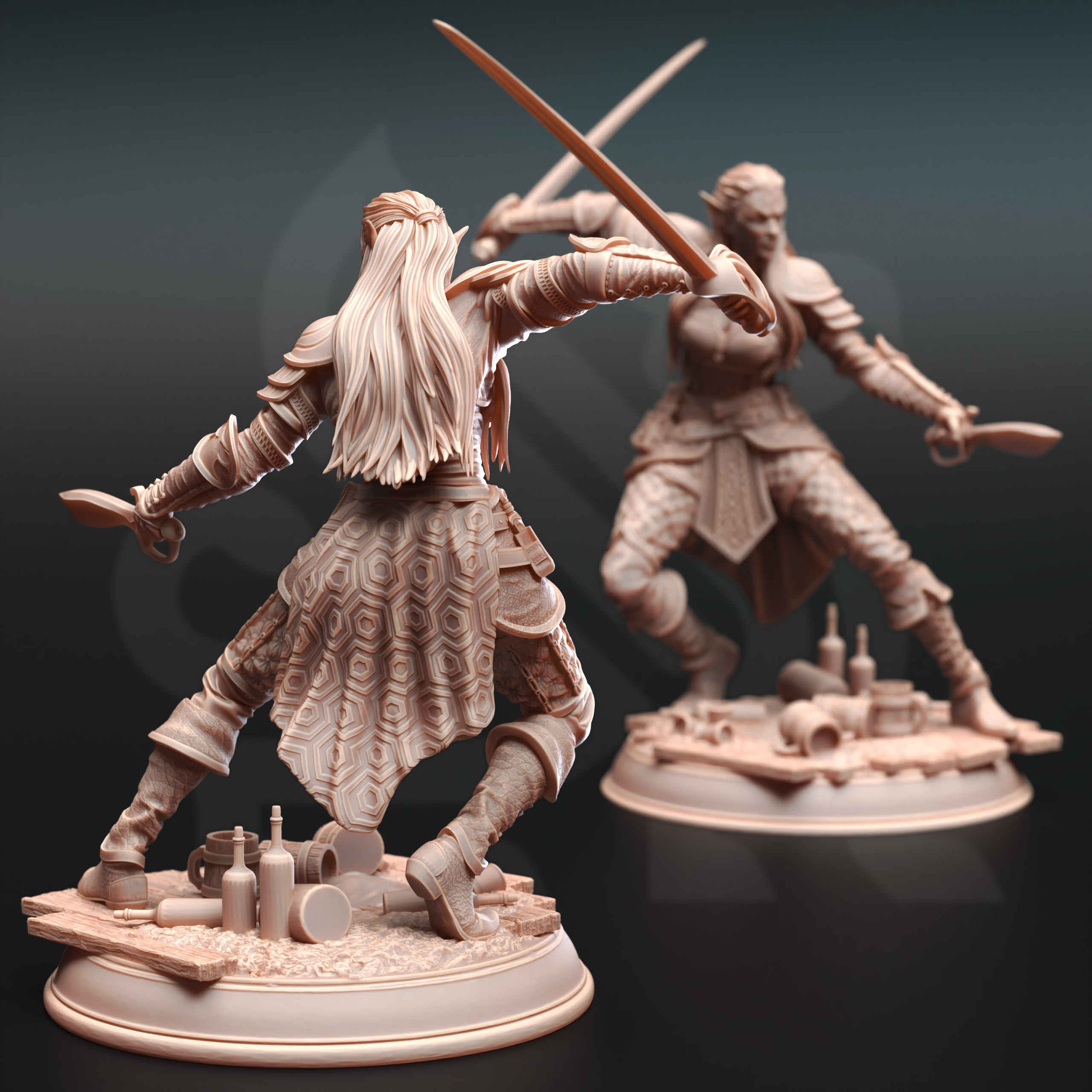Unpainted resin miniature of Hali Brookes, an elemi/elf fighter/rogue, on a round base — view 3 of 4