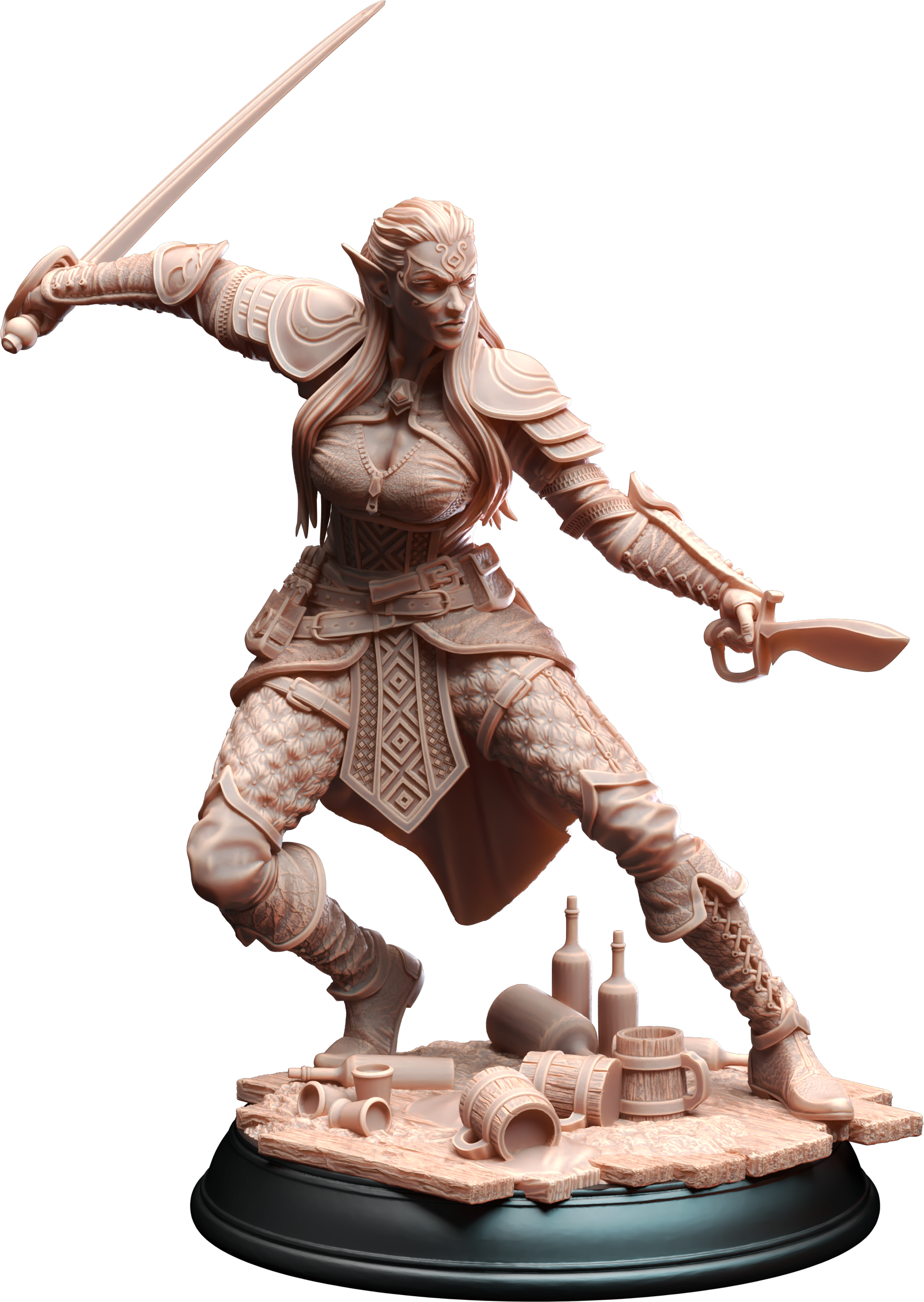 Unpainted resin miniature of Hali Brookes, an elemi/elf fighter/rogue, on a round base — view 4 of 4