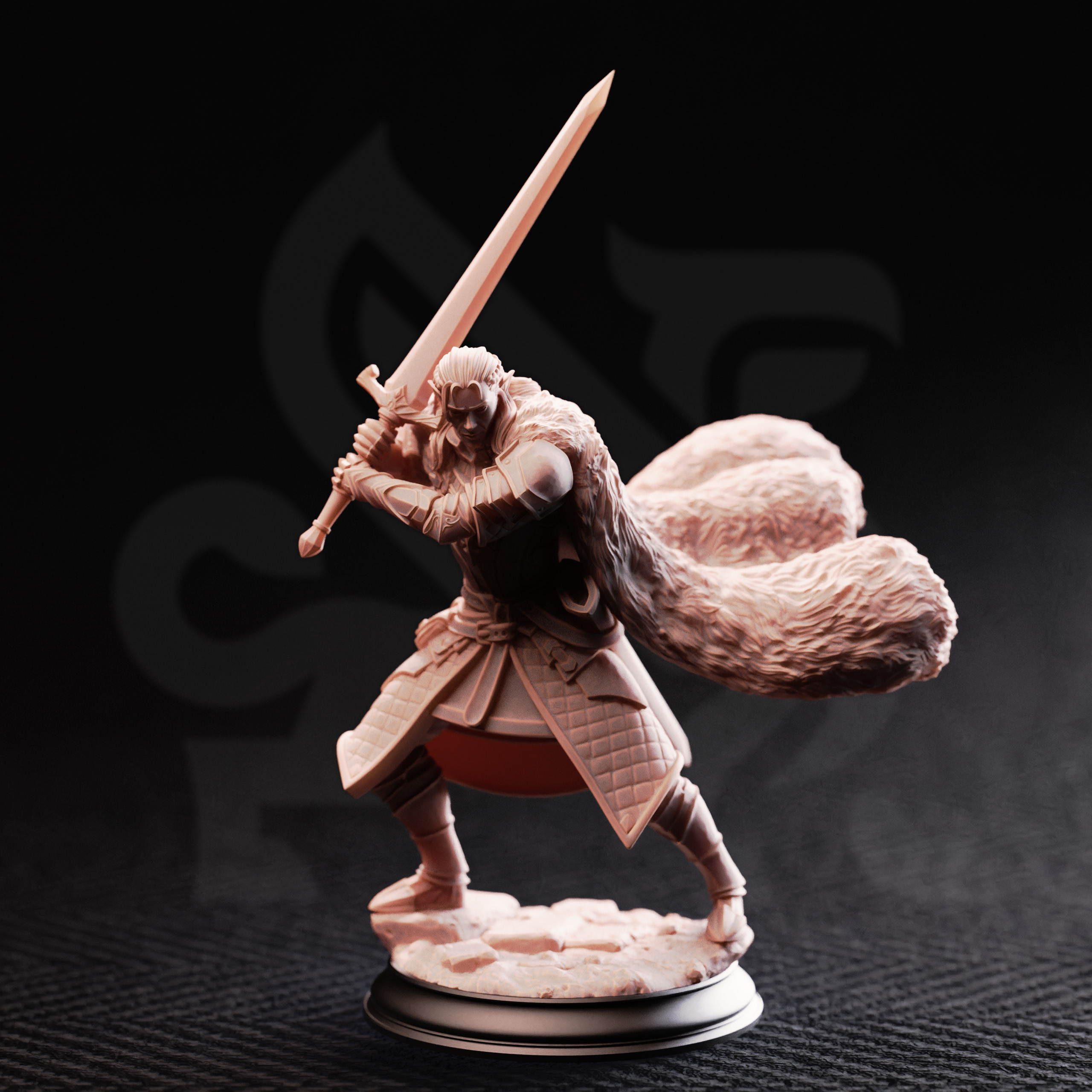 Unpainted resin miniature of Harias of the Borderlands, an elf fighter/paladin, on a round base