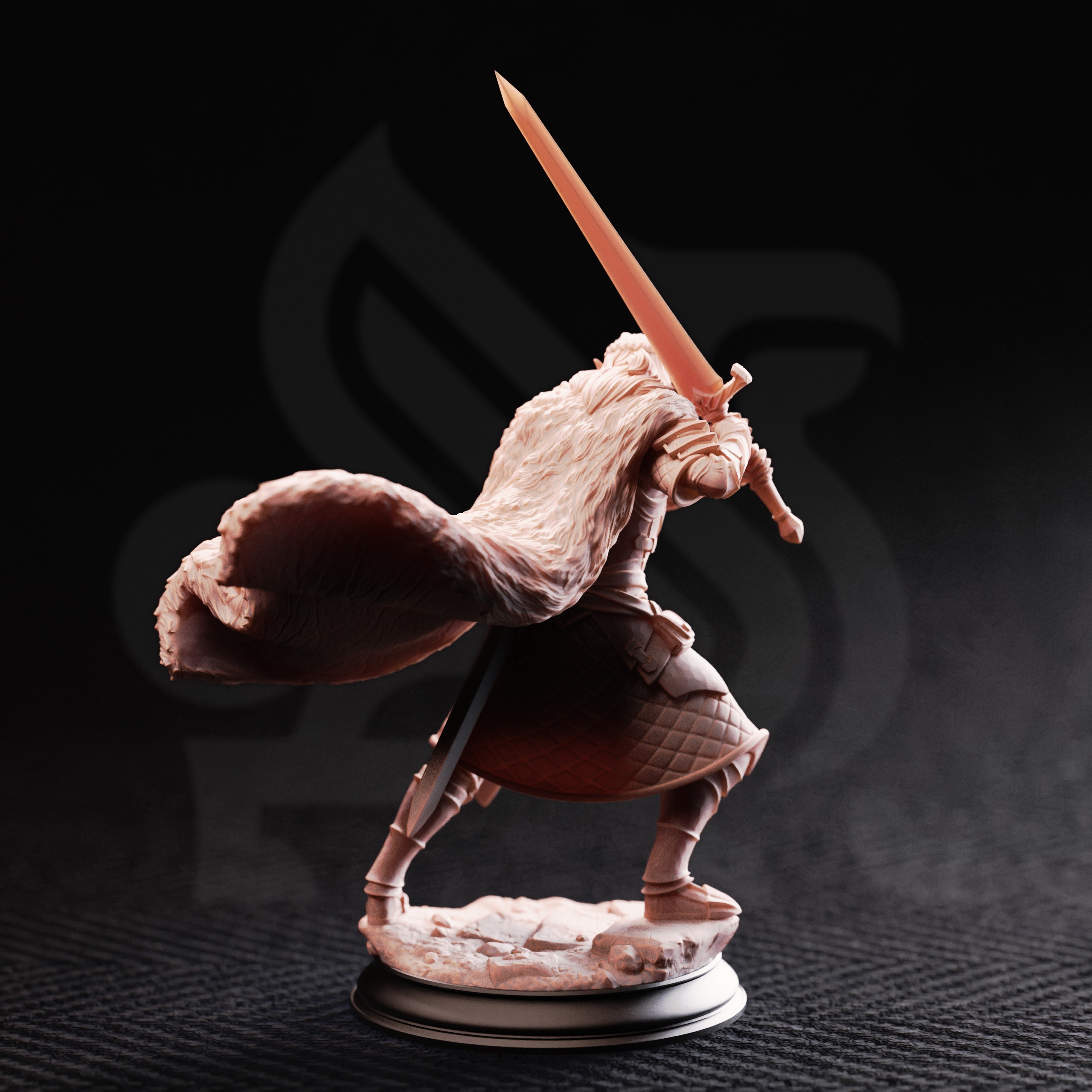 Unpainted resin miniature of Harias of the Borderlands, an elf fighter/paladin, on a round base — view 2 of 4