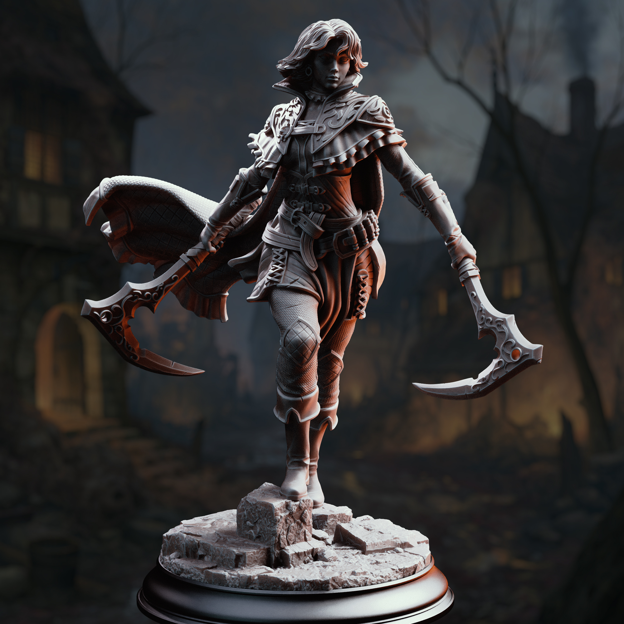 Unpainted resin miniature of Hera, a human rogue/warlock, on a round base