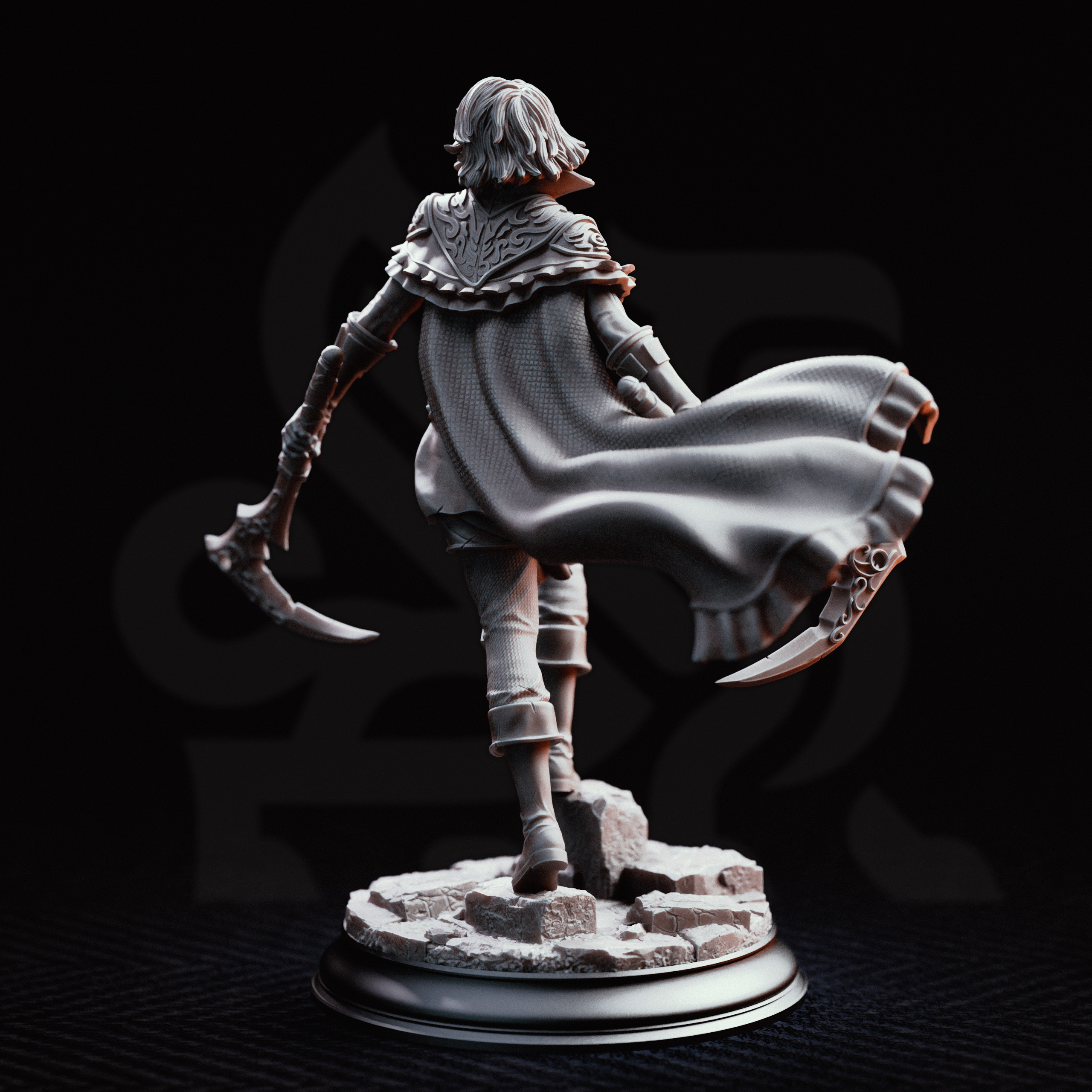 Unpainted resin miniature of Hera, a human rogue/warlock, on a round base — view 2 of 4