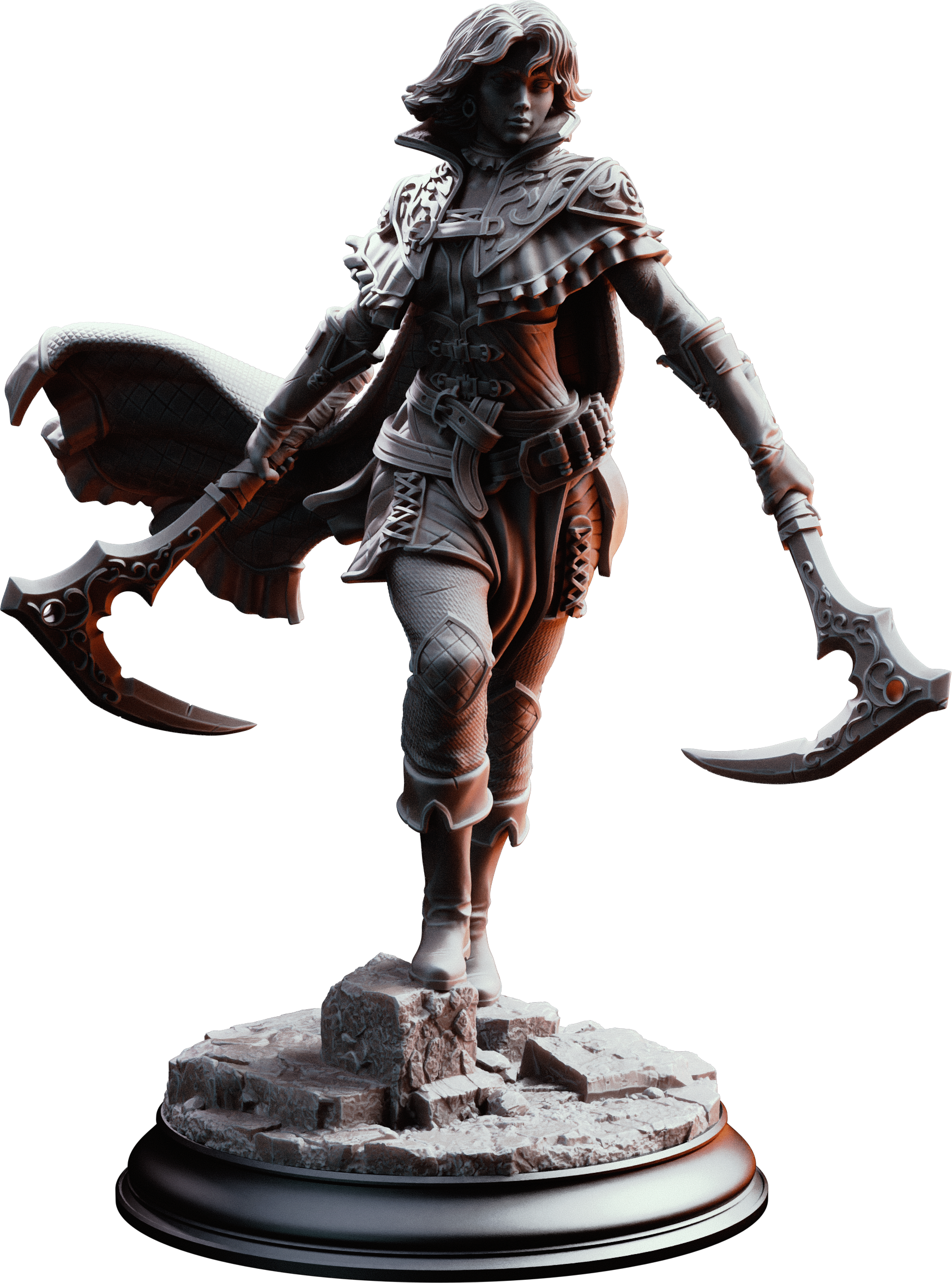 Unpainted resin miniature of Hera, a human rogue/warlock, on a round base — view 4 of 4