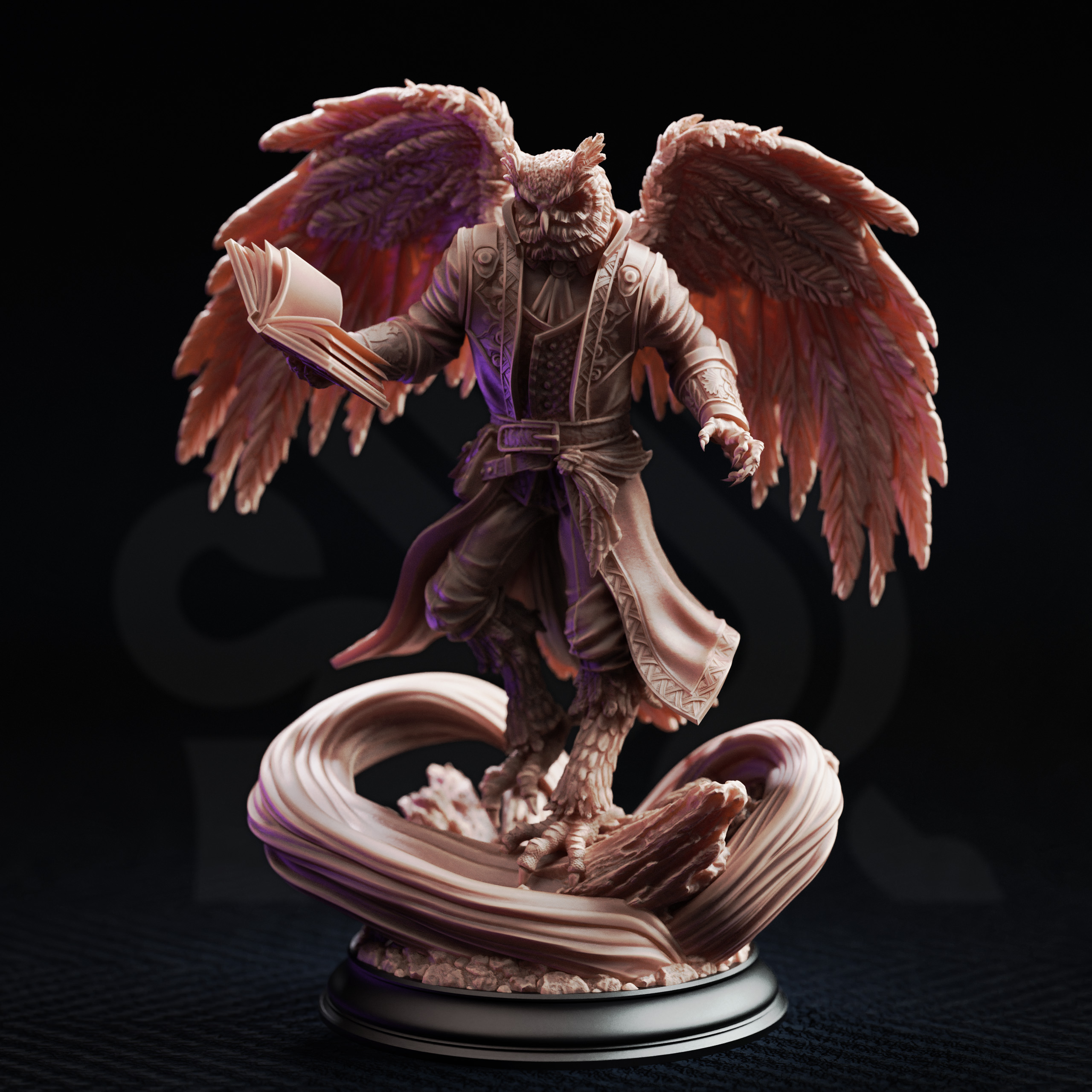 Unpainted resin miniature of Hoover Brightfeather, a beastfolk sorcerer/wizard, on a round base