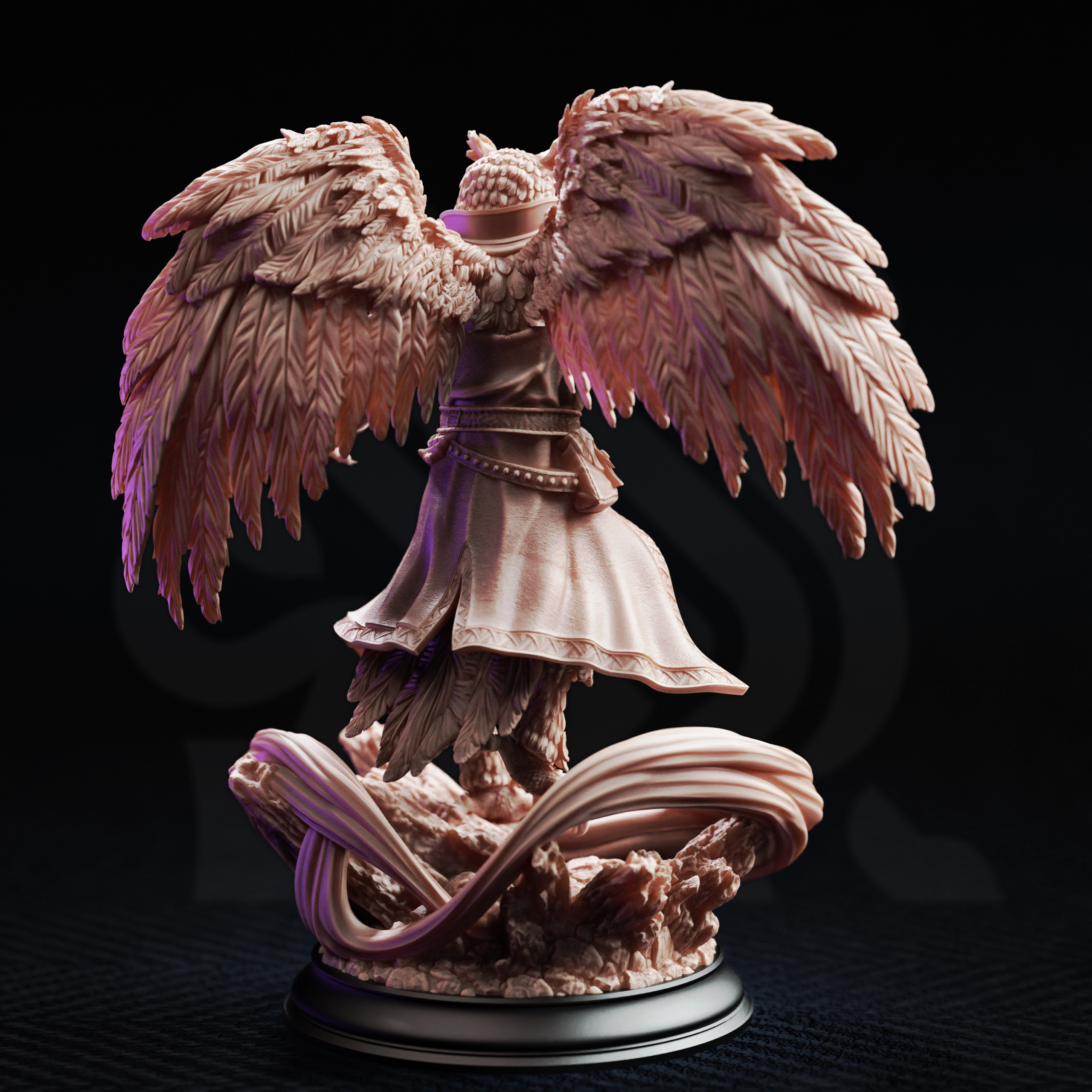 Unpainted resin miniature of Hoover Brightfeather, a beastfolk sorcerer/wizard, on a round base — view 3 of 4