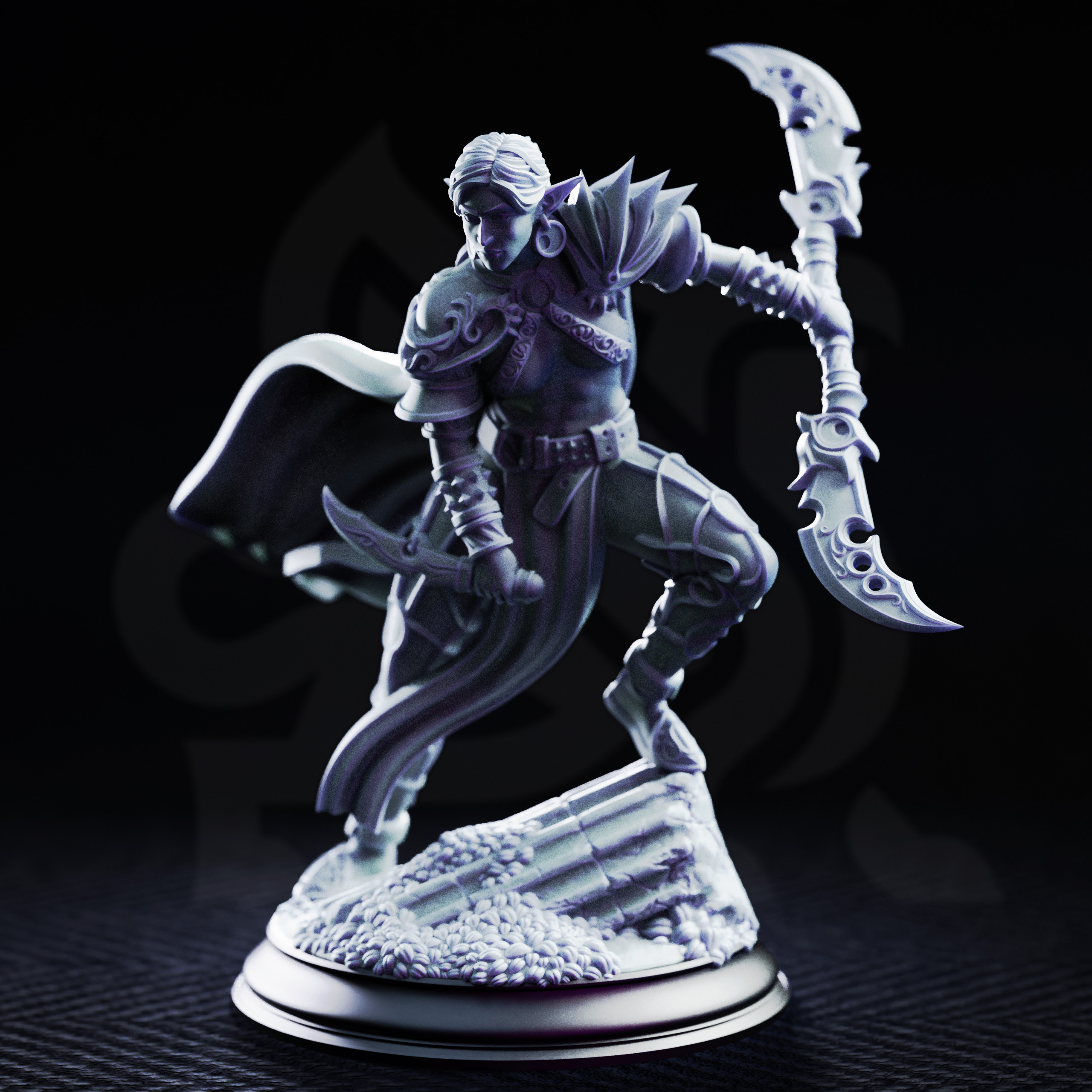 Unpainted resin miniature of Ilyara Deri, assassin of the waning moon