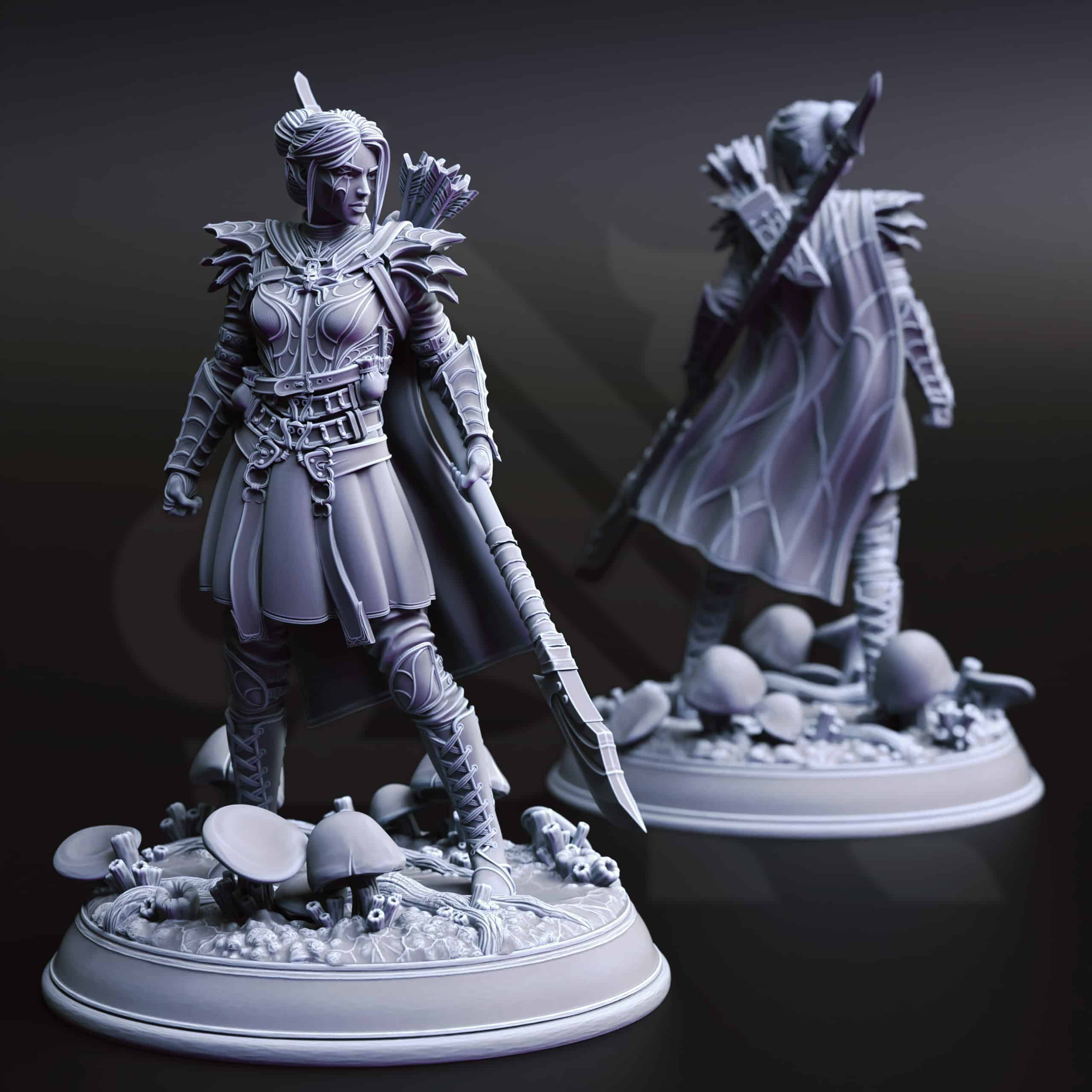 Unpainted resin miniature of Irinax’s Chosen, a drow/elf fighter/ranger, on a round base