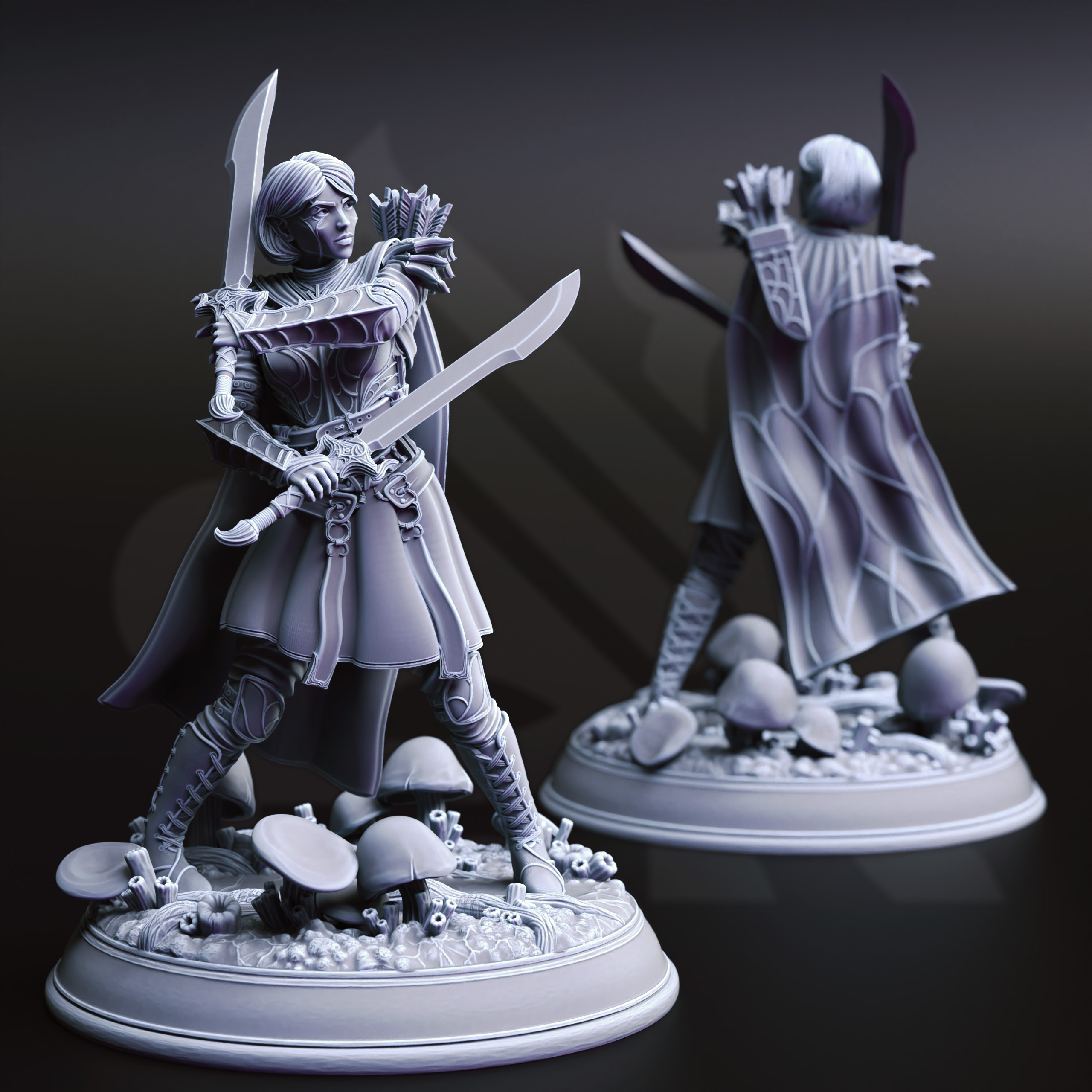 Unpainted resin miniature of Irinax’s Chosen, a drow/elf fighter/ranger, on a round base — view 2 of 4