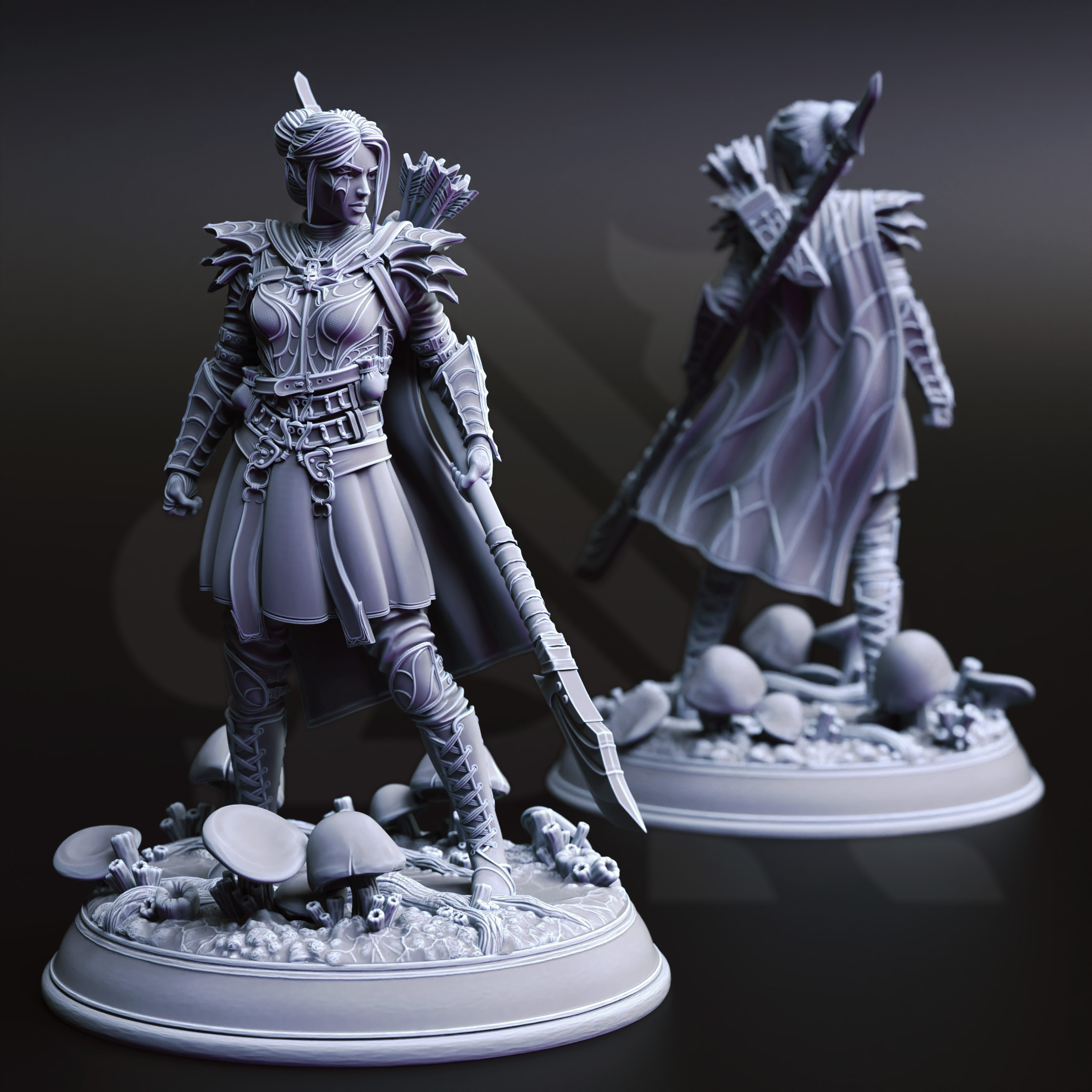 Unpainted resin miniature of Irinax’s Chosen, a drow/elf fighter/ranger, on a round base — view 3 of 4