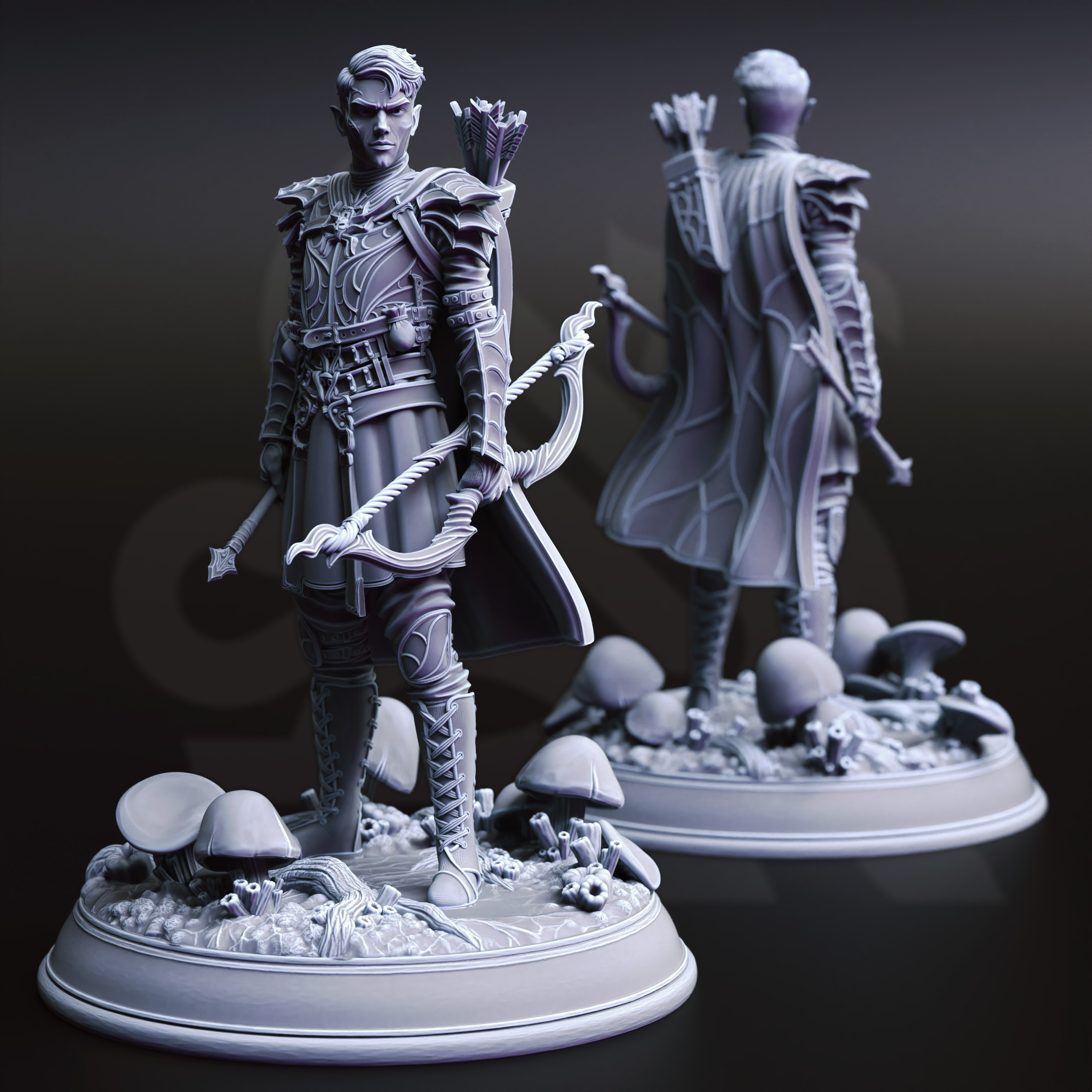 Unpainted resin miniature of Irinax’s Chosen, a drow/elf fighter/ranger, on a round base — view 4 of 4