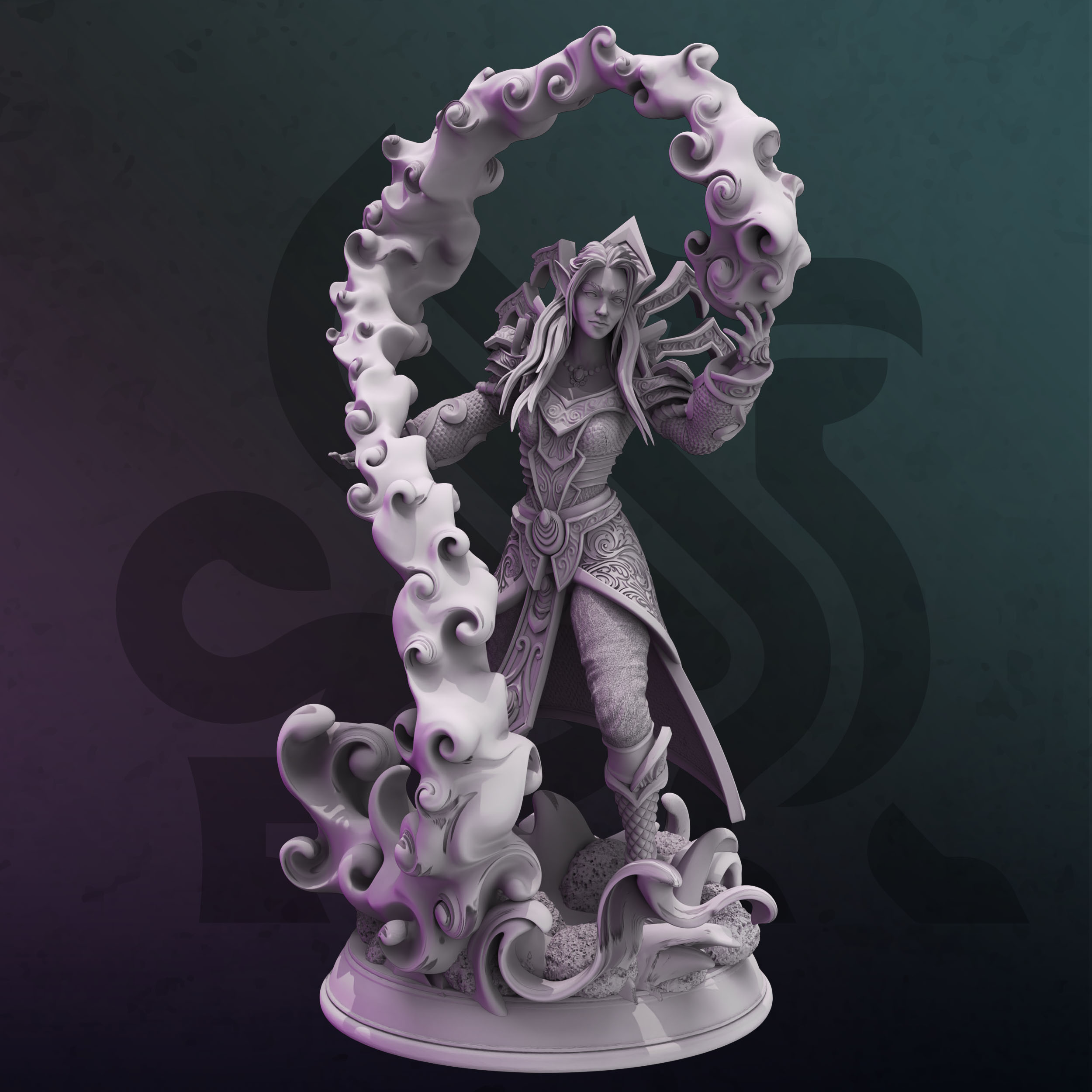 Unpainted resin miniature of Irivyl, an elf sorcerer, on a round base