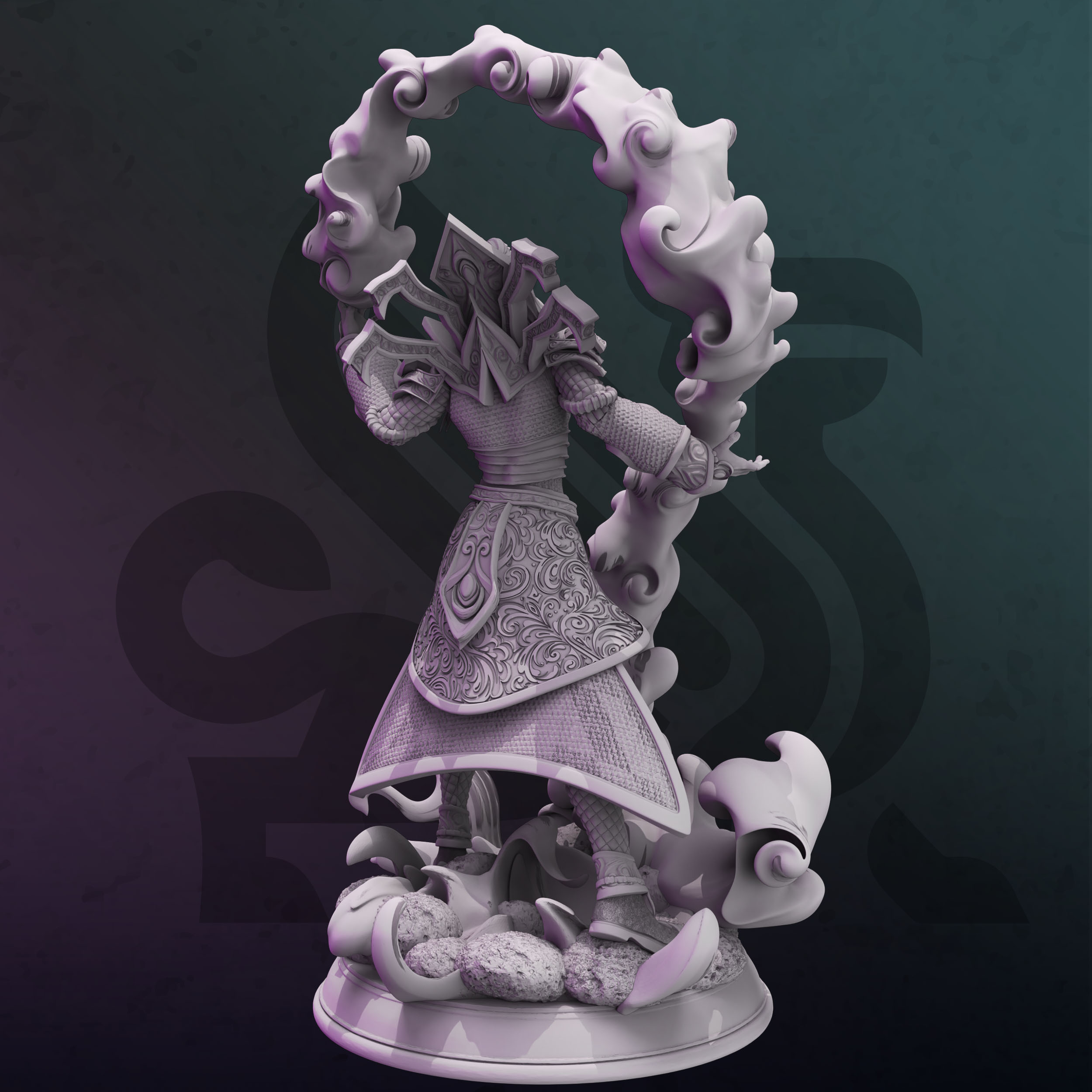 Unpainted resin miniature of Irivyl, an elf sorcerer, on a round base — view 2 of 4