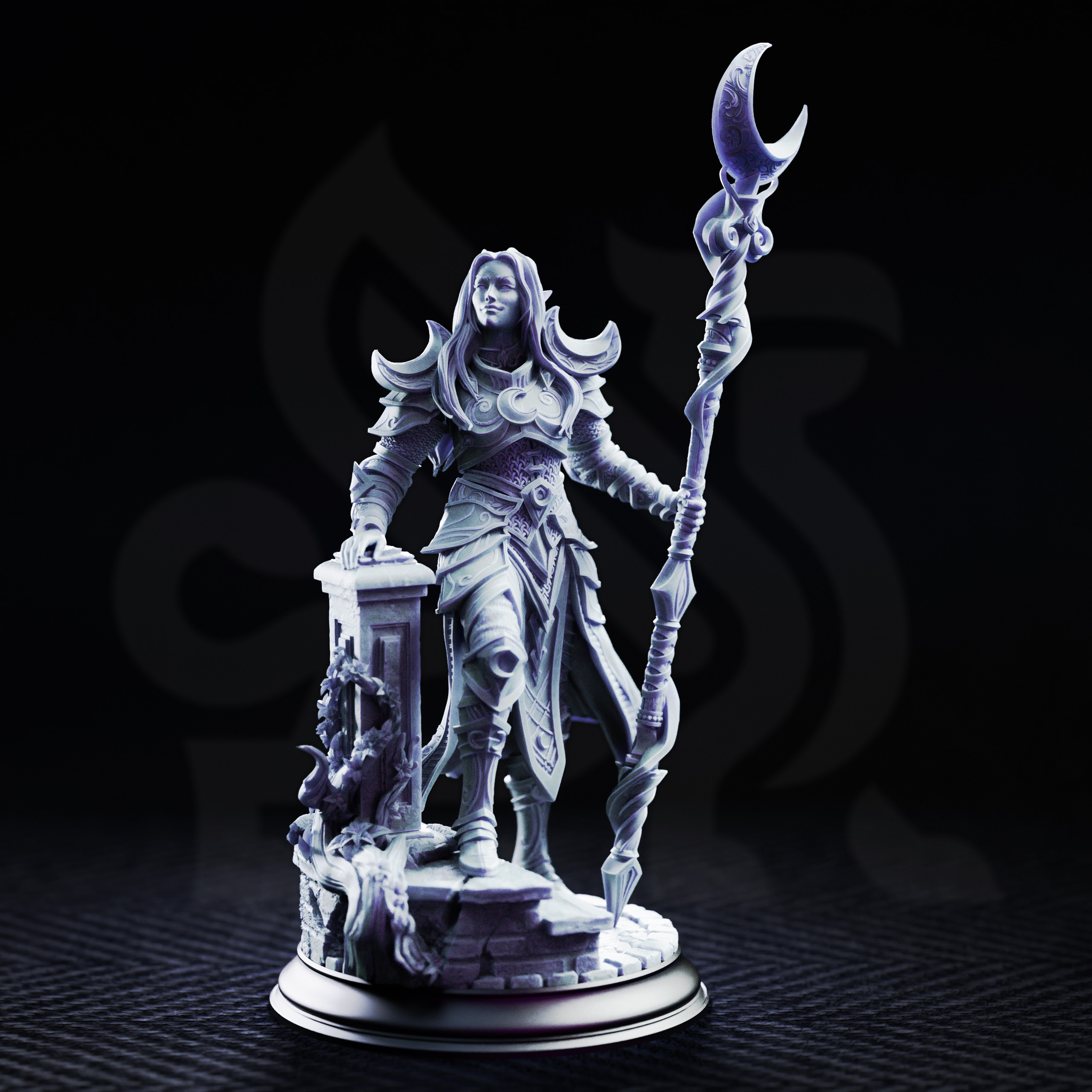 Unpainted resin miniature of Kadna Glydrin, arch warden of the moon