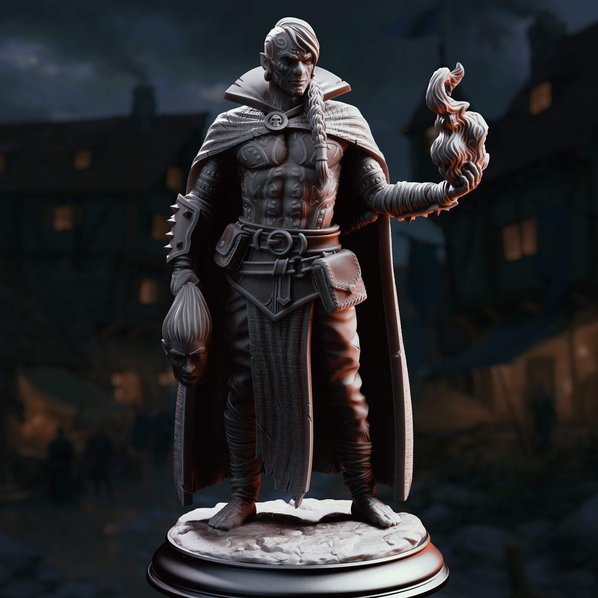 Unpainted resin miniature of Kael the Forlorn Soul, an elf sorcerer/warlock, on a round base