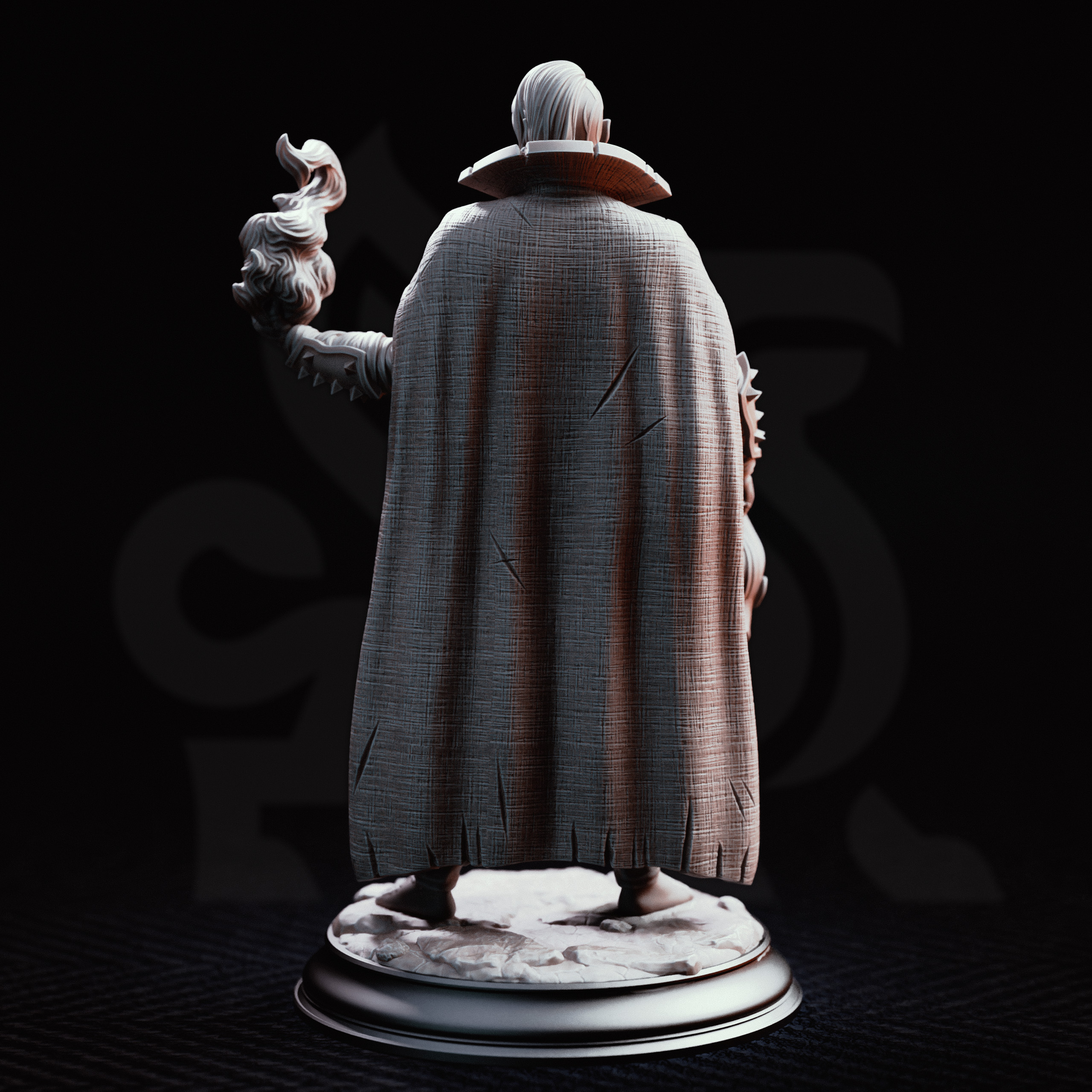 Unpainted resin miniature of Kael the Forlorn Soul, an elf sorcerer/warlock, on a round base — view 3 of 4