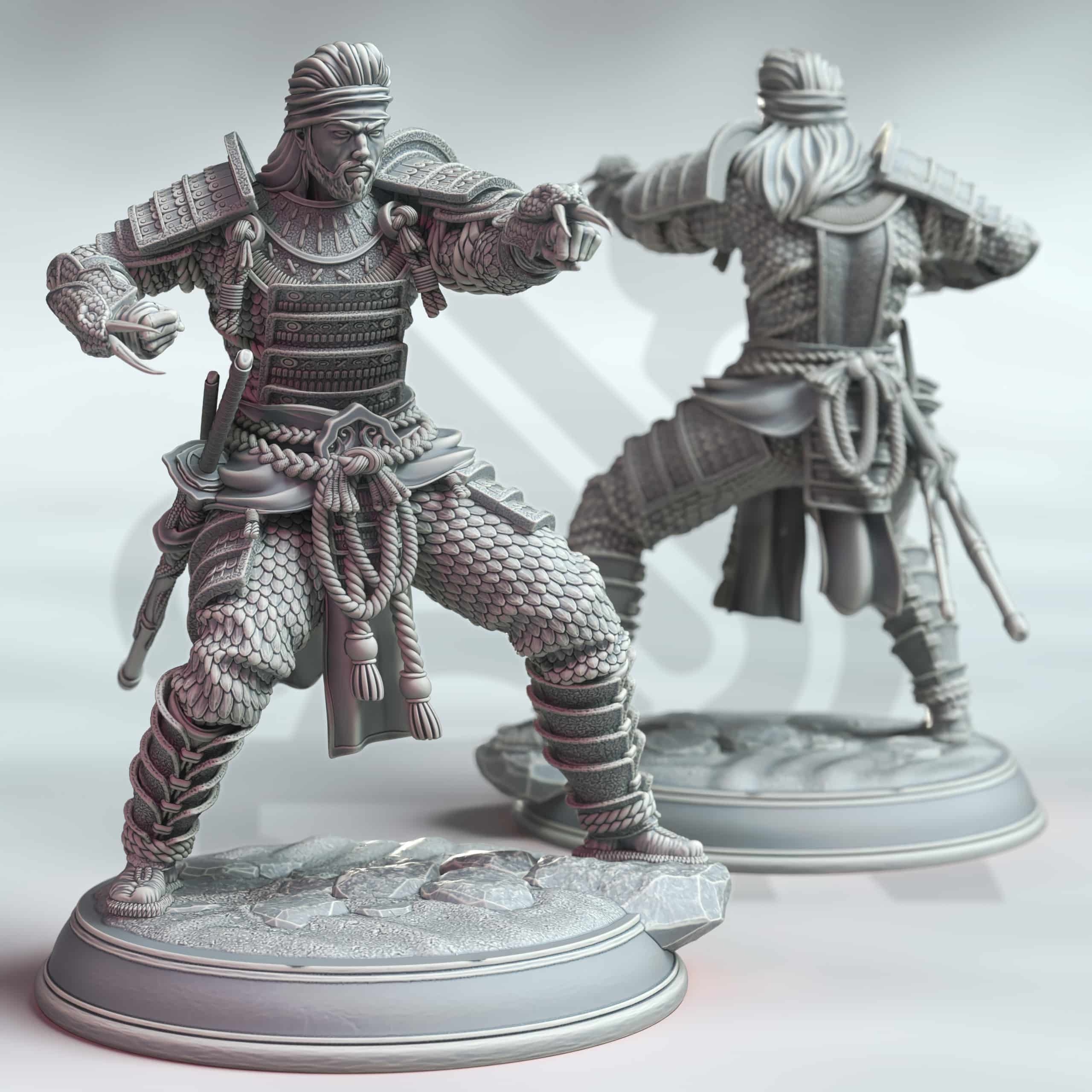 Unpainted resin miniature of Kazuhira Orochi, a human fighter/rogue, on a round base