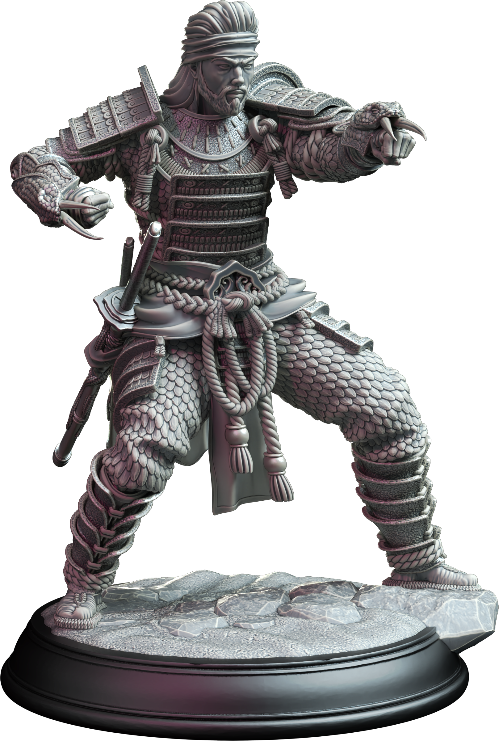 Unpainted resin miniature of Kazuhira Orochi, a human fighter/rogue, on a round base — view 2 of 2