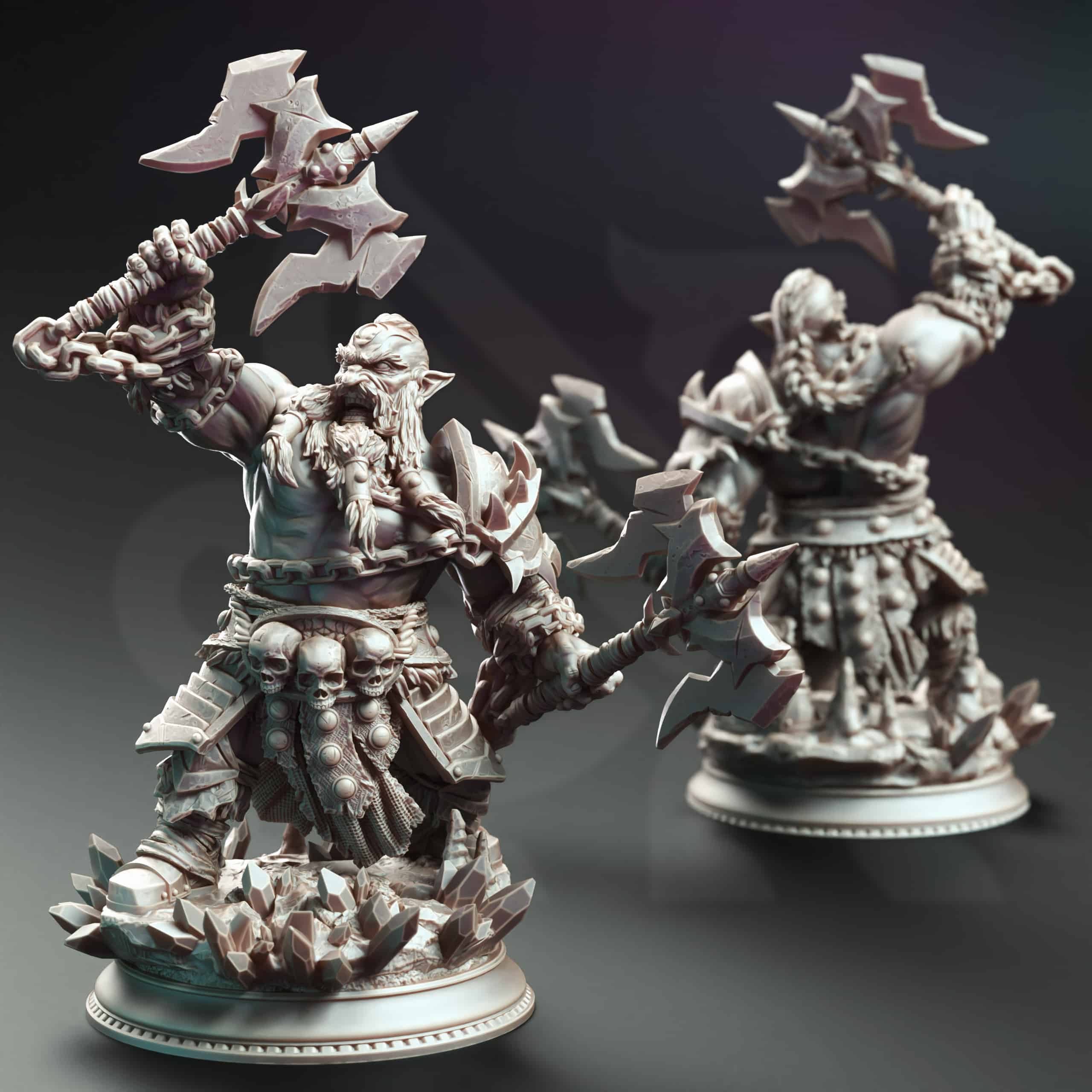 Unpainted resin miniature of Korthart the Hateful Heart, a dwarf barbarian, on a round base