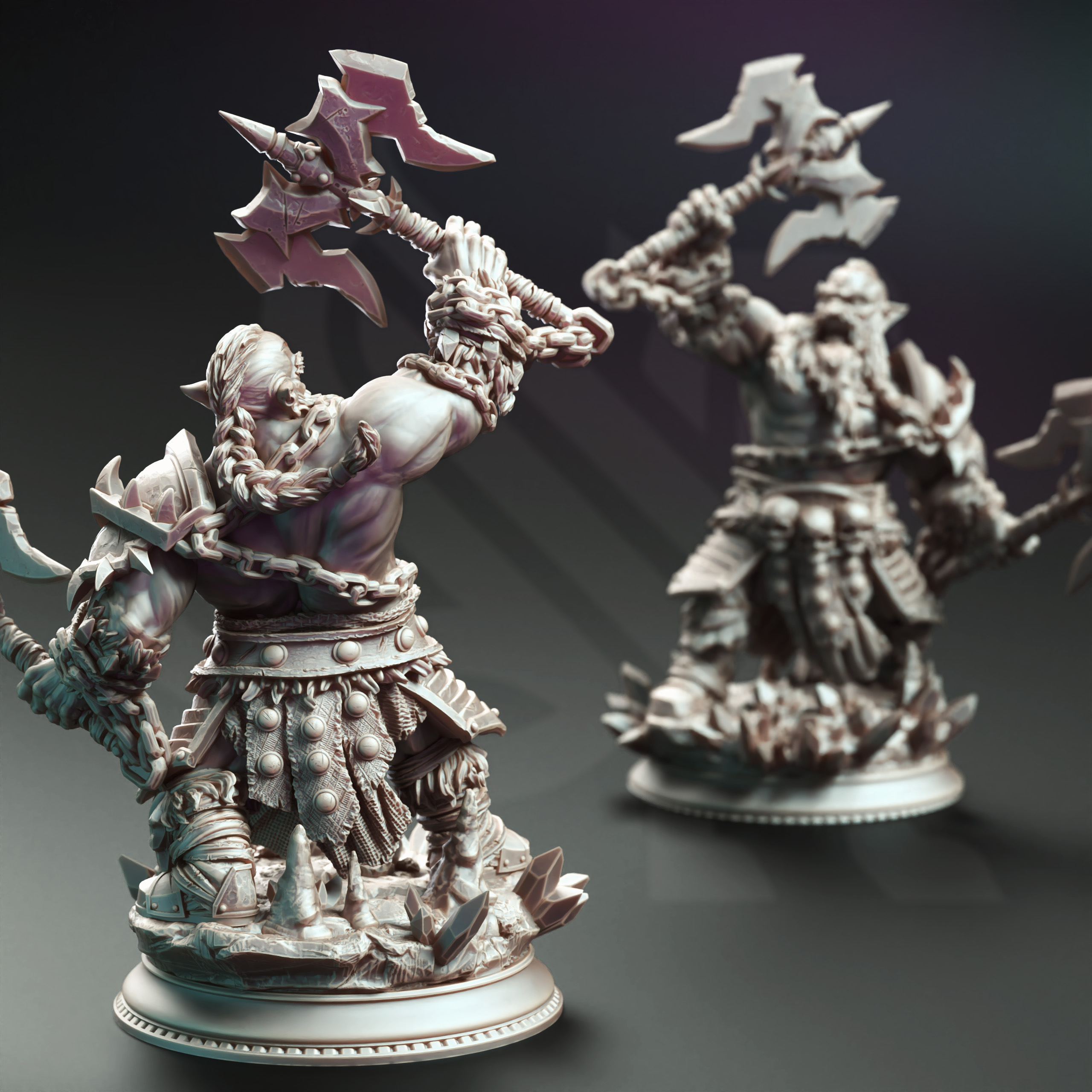 Unpainted resin miniature of Korthart the Hateful Heart, a dwarf barbarian, on a round base — view 3 of 4