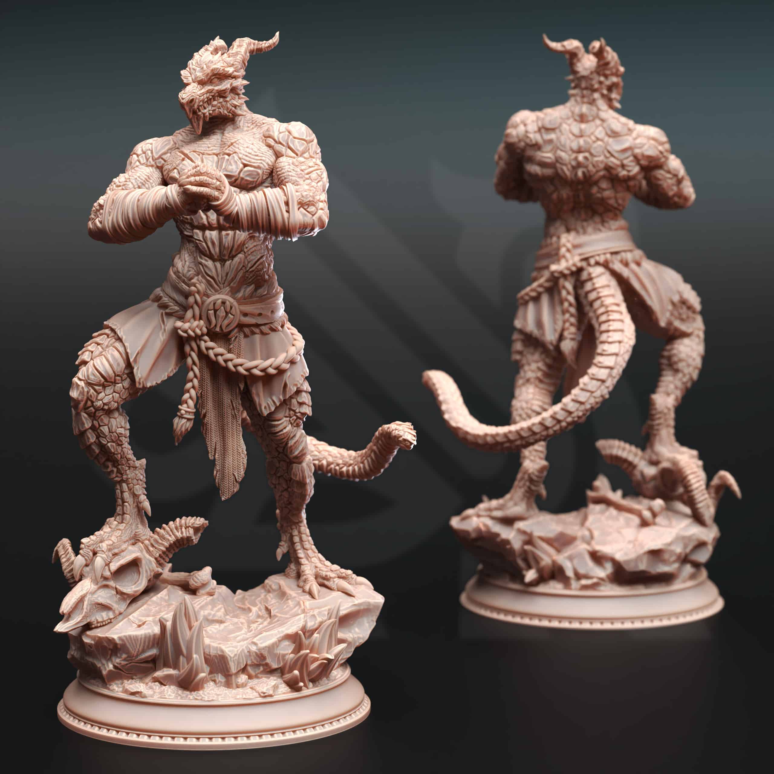 Unpainted resin miniature of Kuthrak’va, a beastfolk/dragonfolk barbarian/fighter, on a round base
