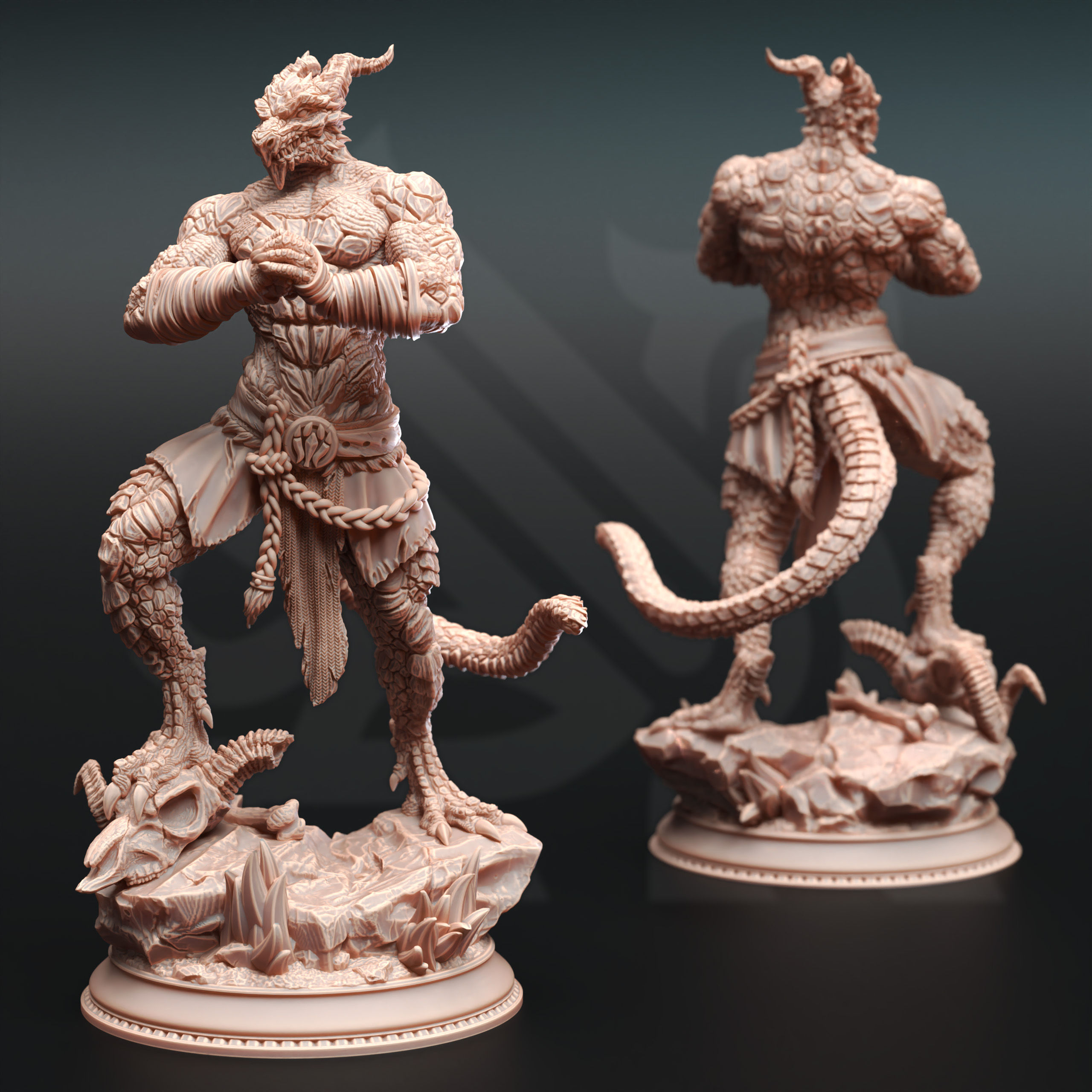 Unpainted resin miniature of Kuthrak’va, a beastfolk/dragonfolk barbarian/fighter, on a round base — view 2 of 4