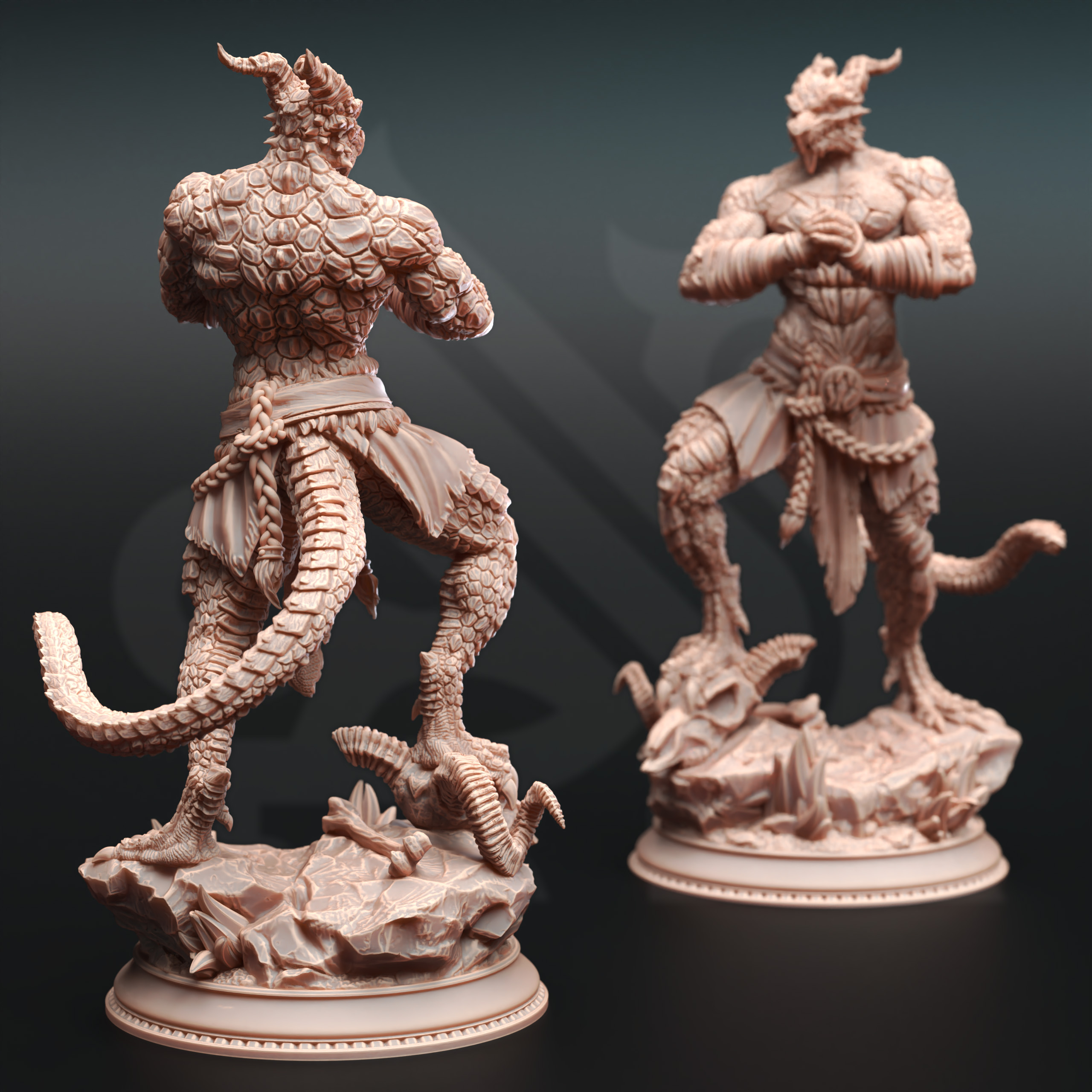 Unpainted resin miniature of Kuthrak’va, a beastfolk/dragonfolk barbarian/fighter, on a round base — view 3 of 4