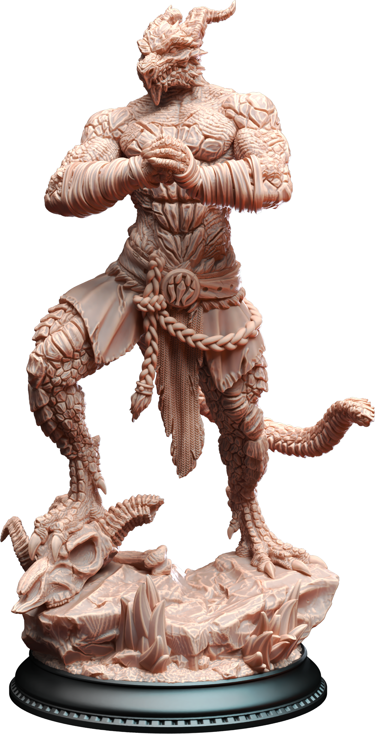 Unpainted resin miniature of Kuthrak’va, a beastfolk/dragonfolk barbarian/fighter, on a round base — view 4 of 4