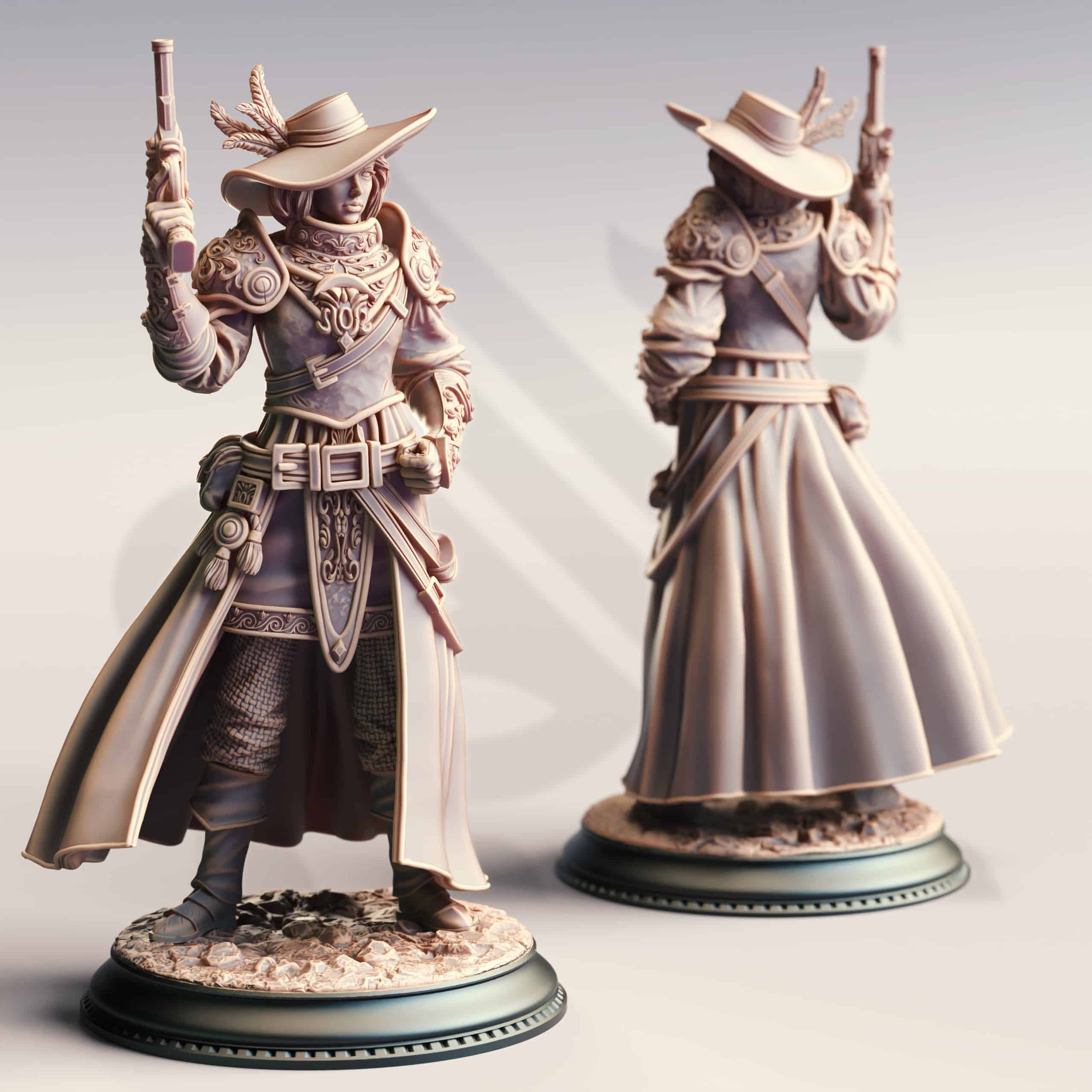 Unpainted resin miniature of Lady Cirilia of the Reach, a human gunslinger/ranger, on a round base