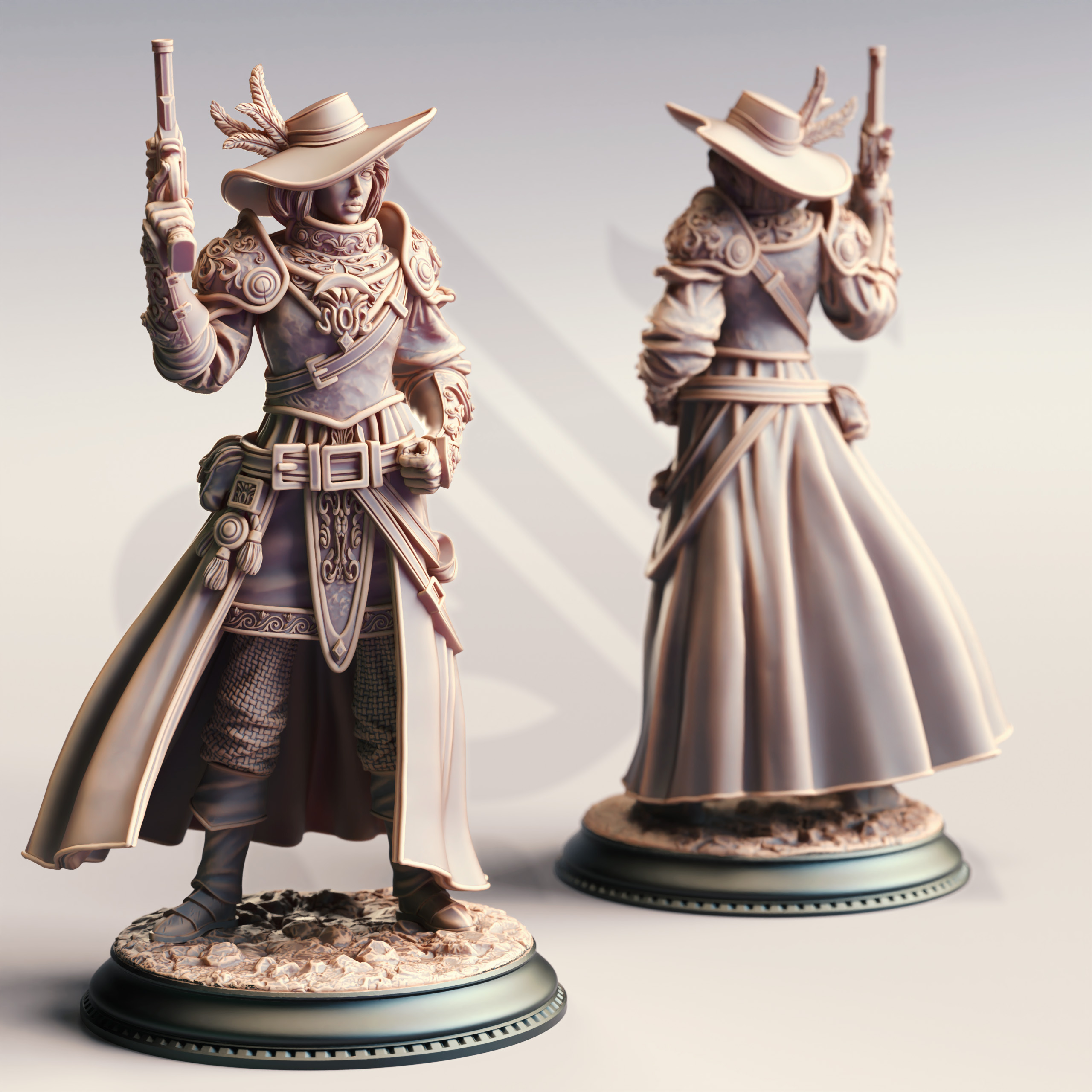 Unpainted resin miniature of Lady Cirilia of the Reach, a human gunslinger/ranger, on a round base — view 2 of 4