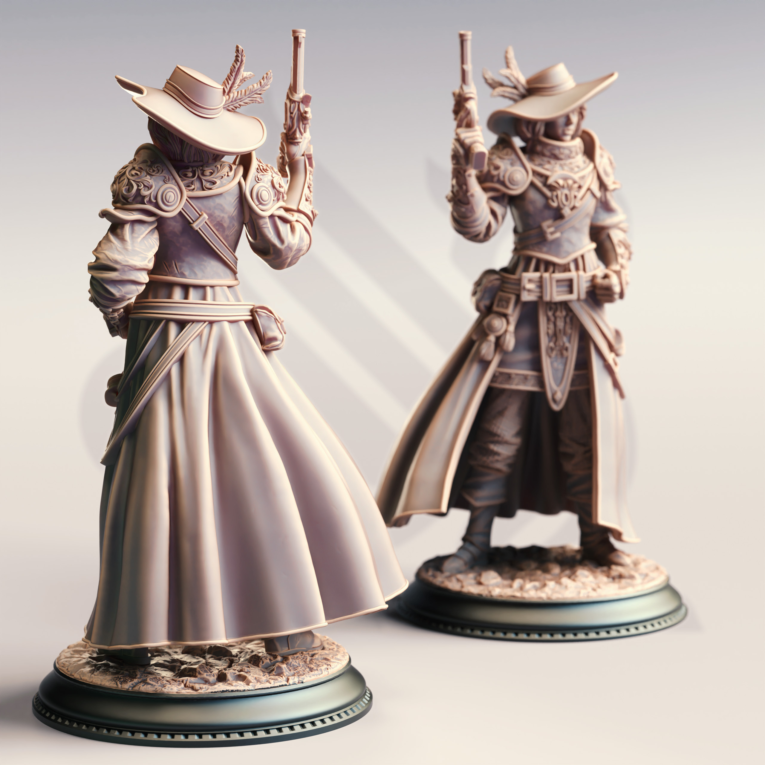 Unpainted resin miniature of Lady Cirilia of the Reach, a human gunslinger/ranger, on a round base — view 3 of 4