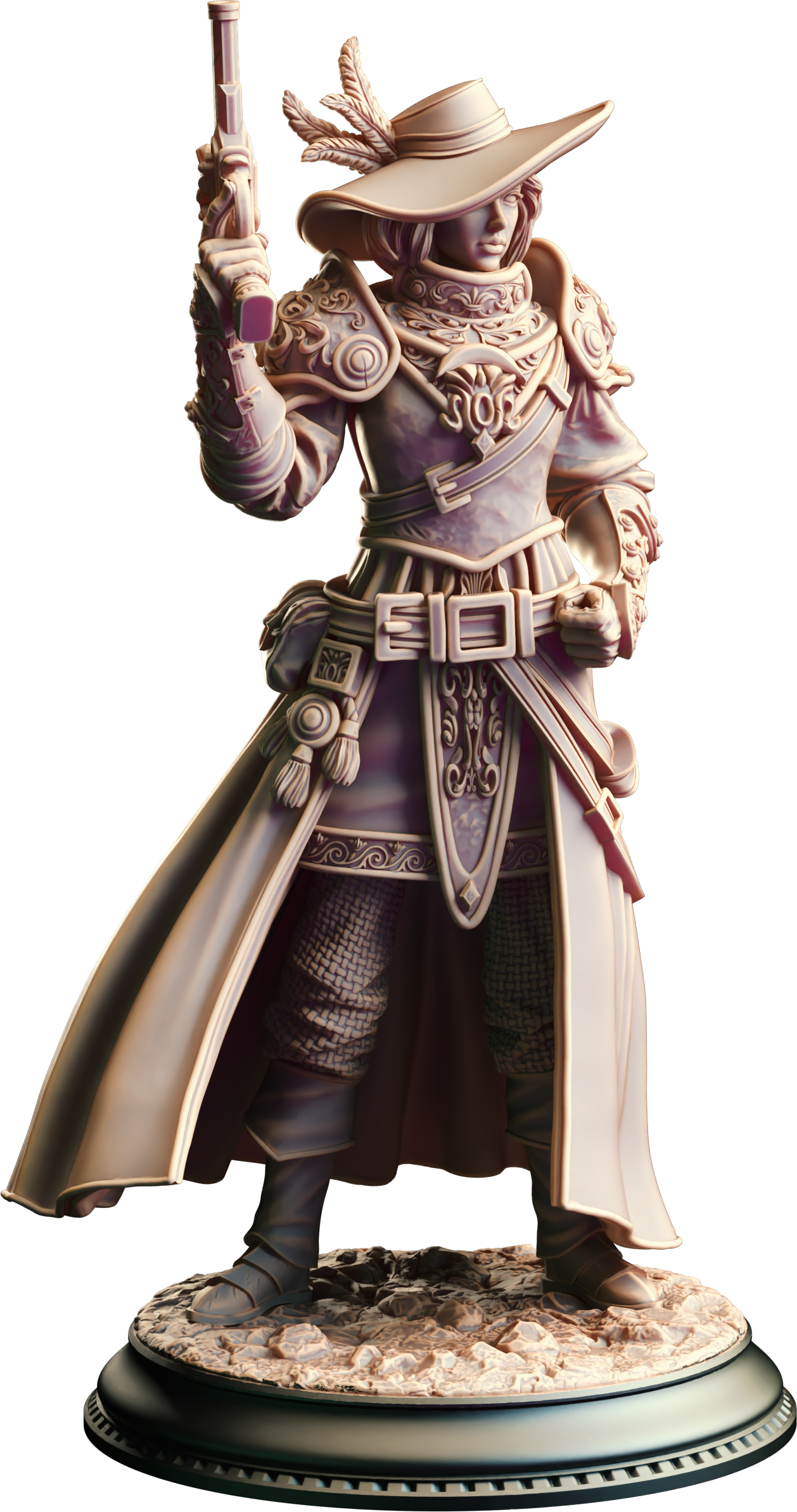 Unpainted resin miniature of Lady Cirilia of the Reach, a human gunslinger/ranger, on a round base — view 4 of 4