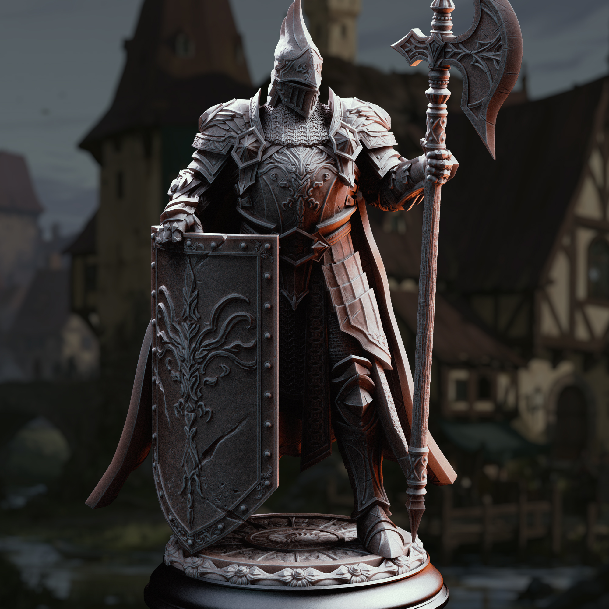 Unpainted resin miniature of Lars von Findros, a human fighter/paladin, on a round base