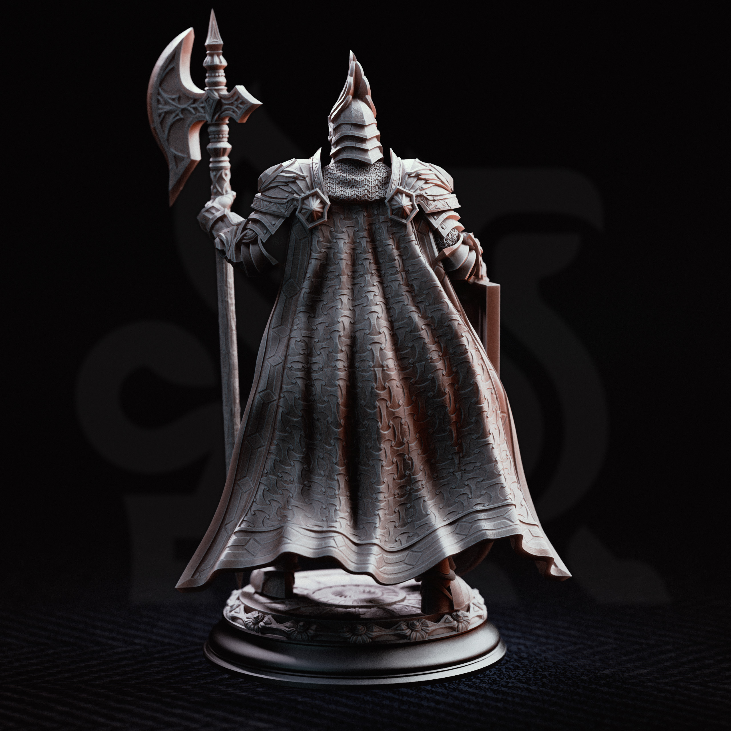 Unpainted resin miniature of Lars von Findros, a human fighter/paladin, on a round base — view 2 of 4