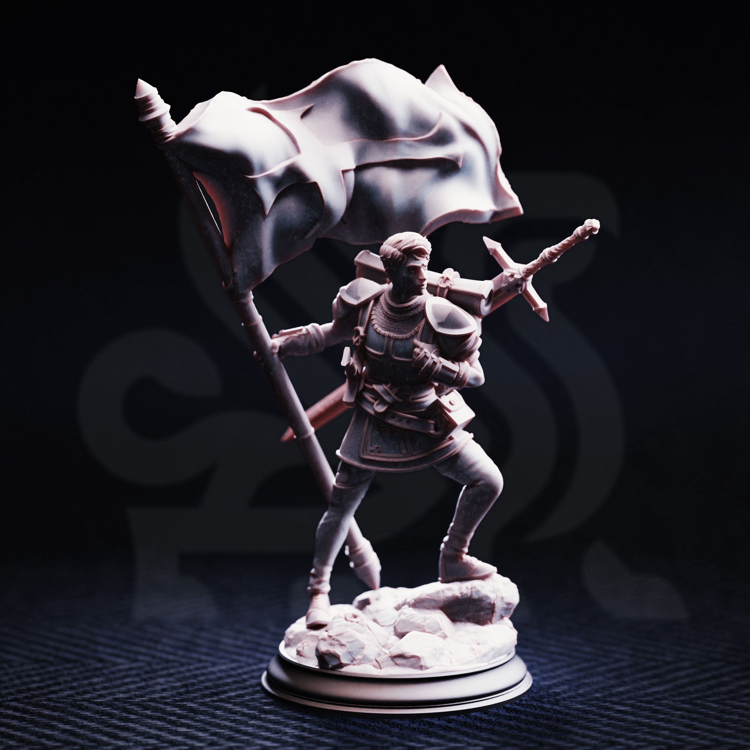 Unpainted resin miniature of Lionel Donmeir, a human fighter, on a round base