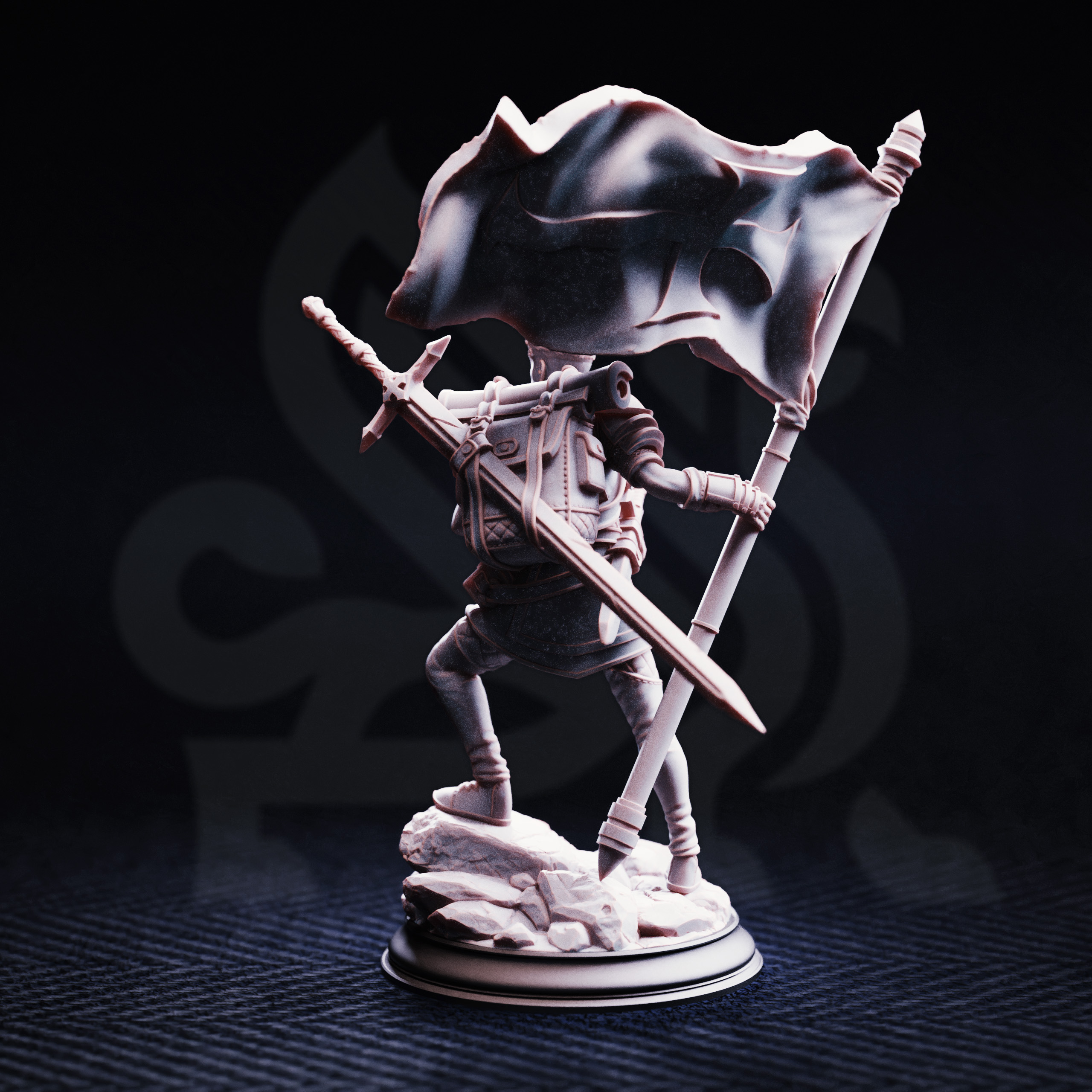 Unpainted resin miniature of Lionel Donmeir, a human fighter, on a round base — view 3 of 4