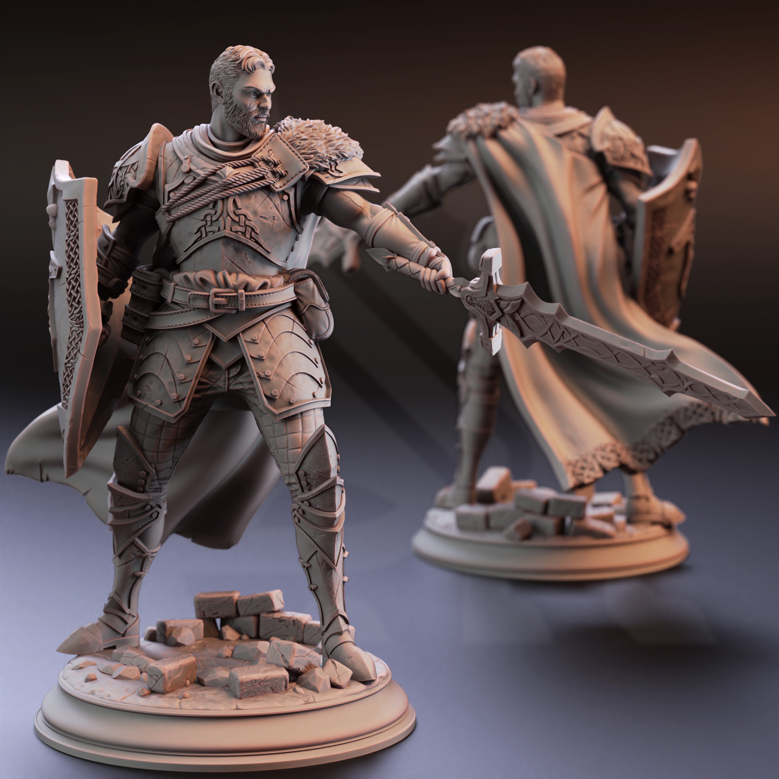 Unpainted resin miniature of Lizarin, a human cleric/paladin, on a round base — view 2 of 4