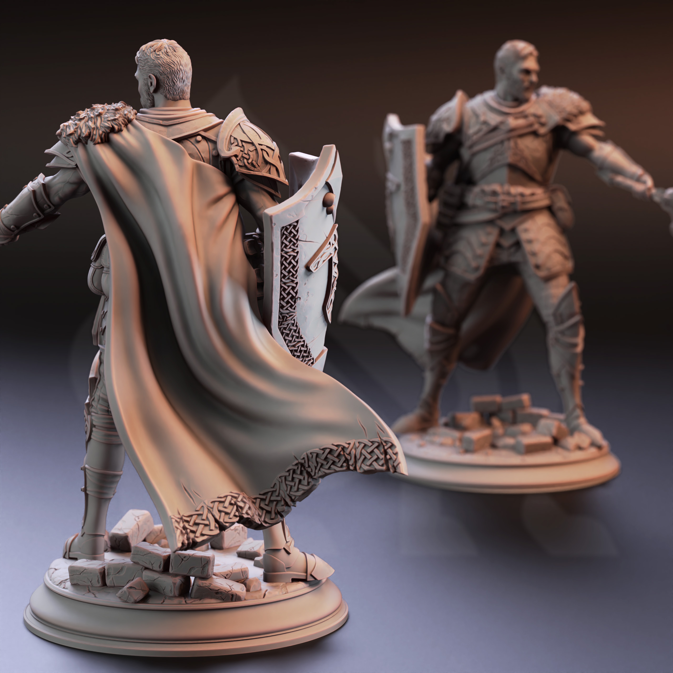 Unpainted resin miniature of Lizarin, a human cleric/paladin, on a round base — view 3 of 4