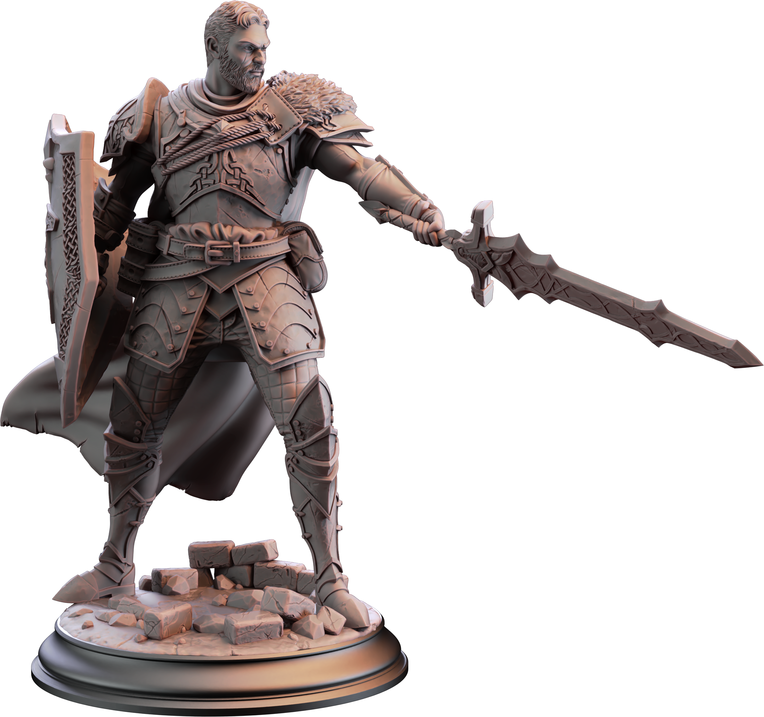 Unpainted resin miniature of Lizarin, a human cleric/paladin, on a round base — view 4 of 4
